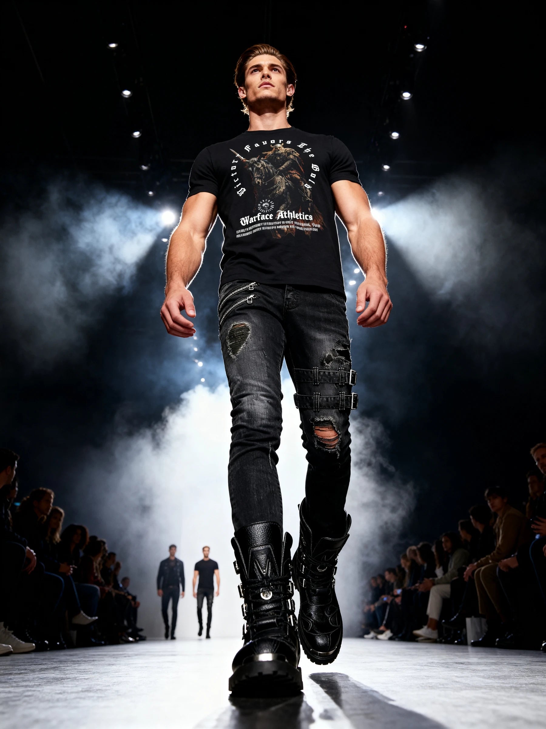 Men's viking warlord gym shirt – model on smoky runway in Victory Favors The Bold Norse warrior graphic tee. Warface Athletics.
