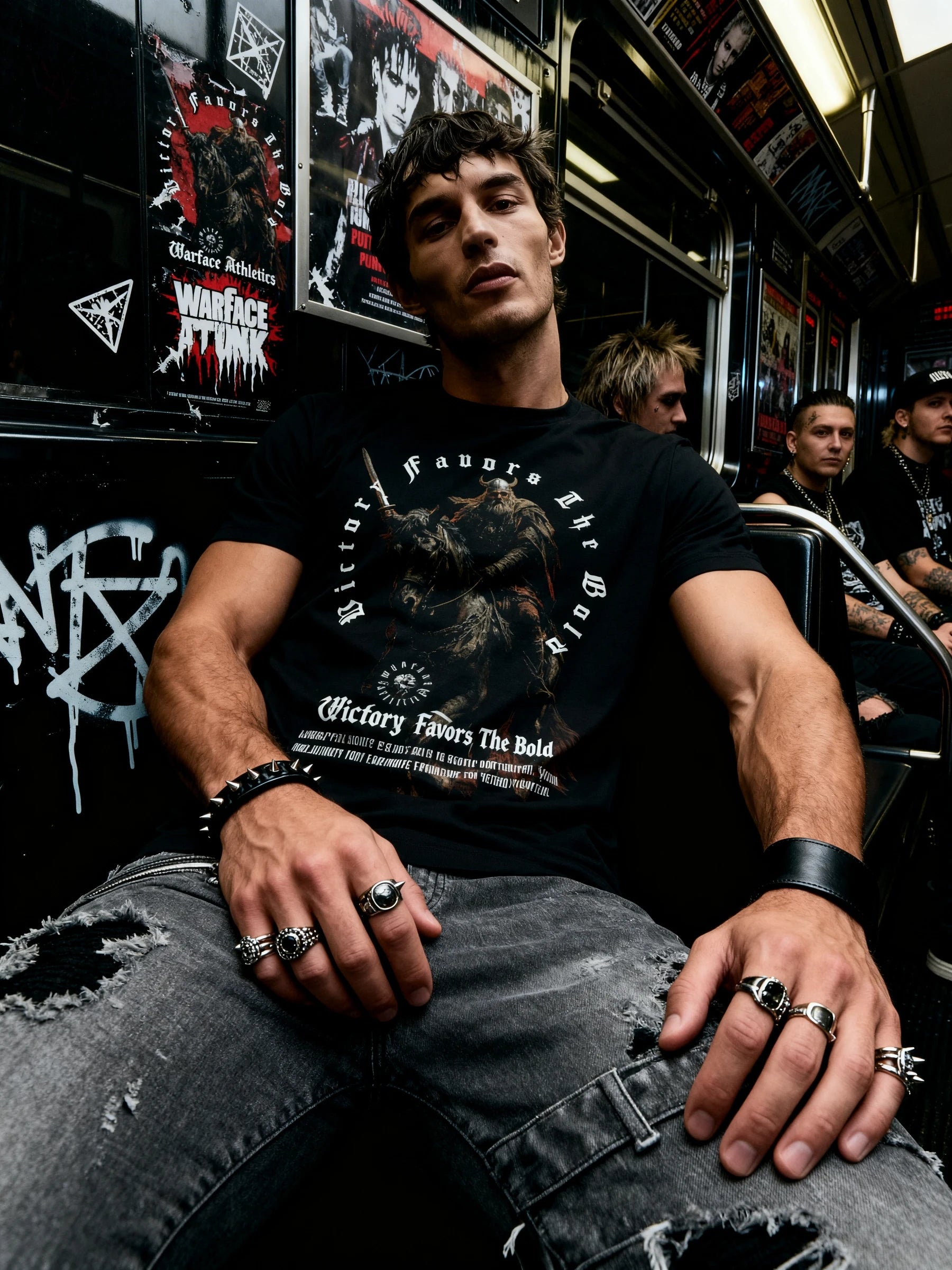 Men's viking warlord gym shirt – model in Victory Favors The Bold Norse warrior graphic tee, red smoke. Warface Athletics.