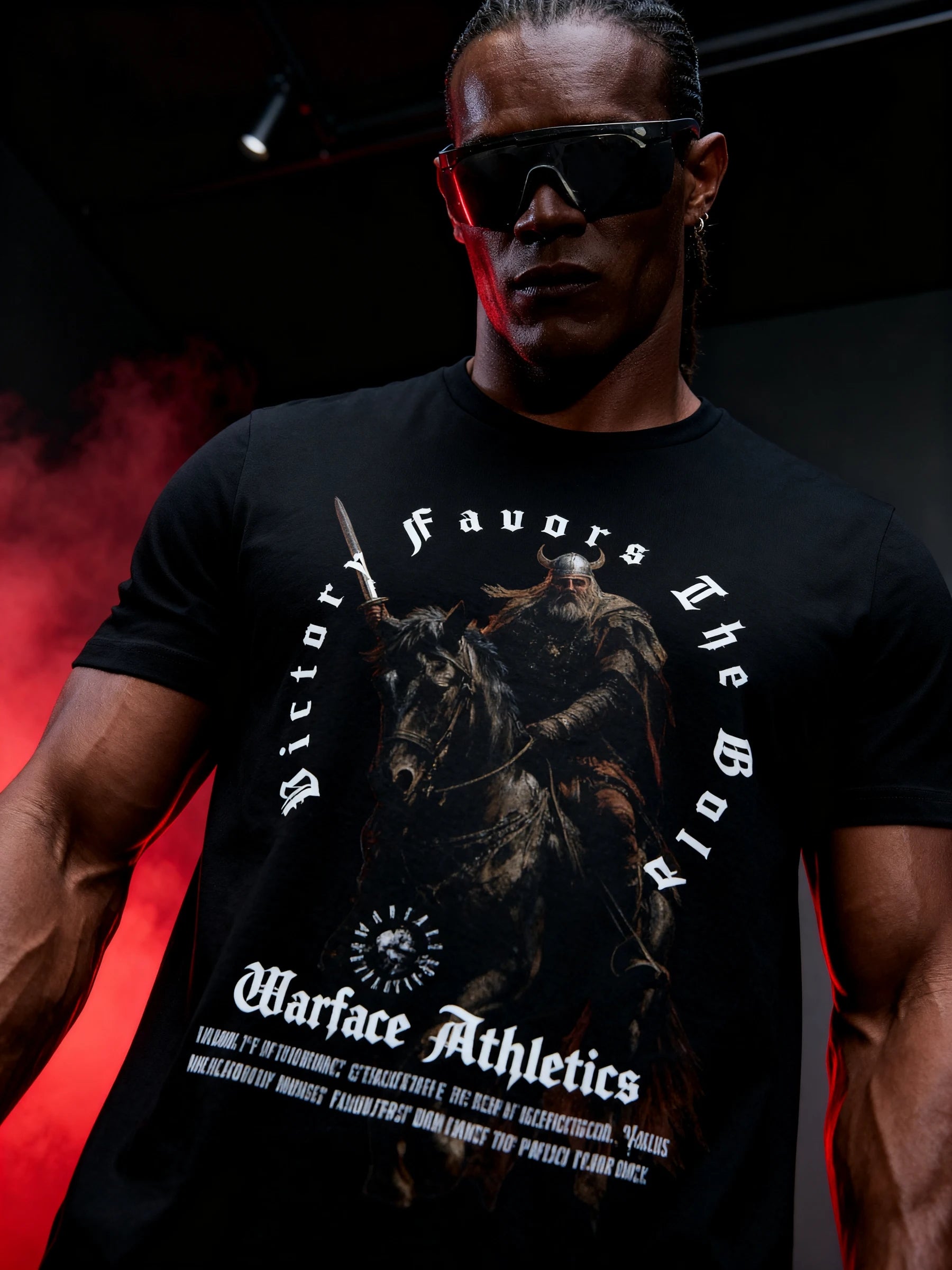 Men's viking warlord gym shirt – model in Victory Favors The Bold Norse warrior graphic tee. Warface Athletics.