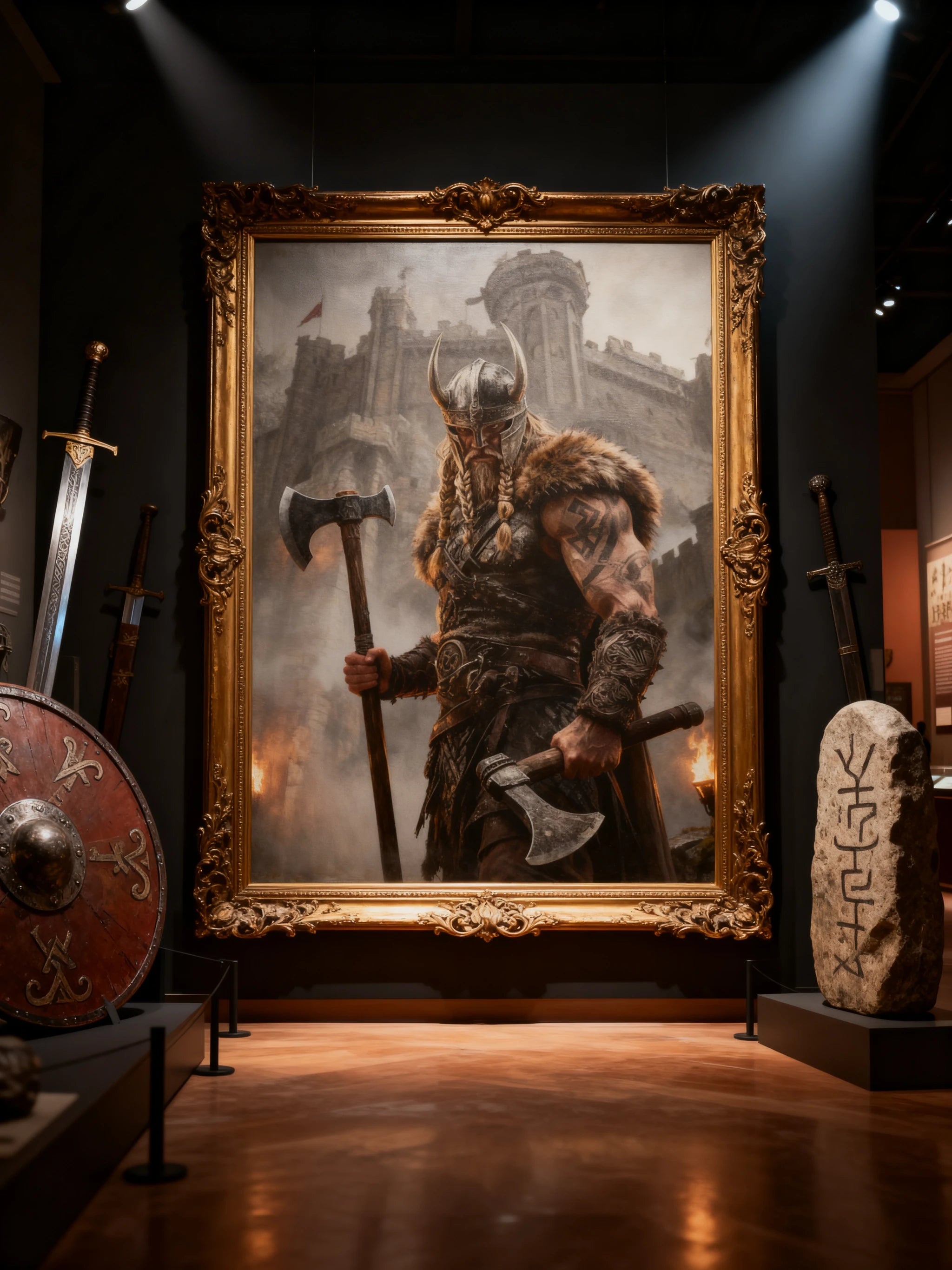 Viking warrior canvas in dark gallery hallway – berserker fortress wall art, home gym decor.