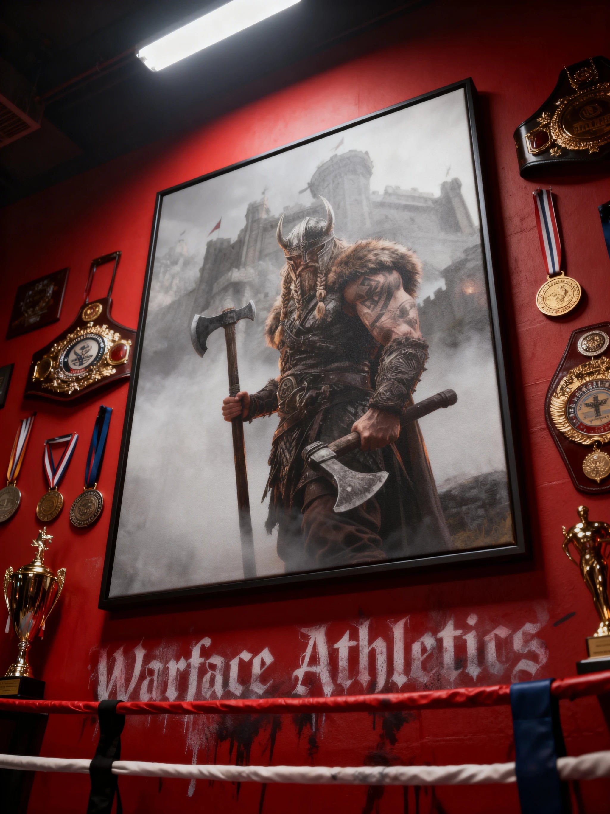 Viking wall art displayed in gallery – berserker norse warrior canvas, home gym wall decor. Warface Athletics.