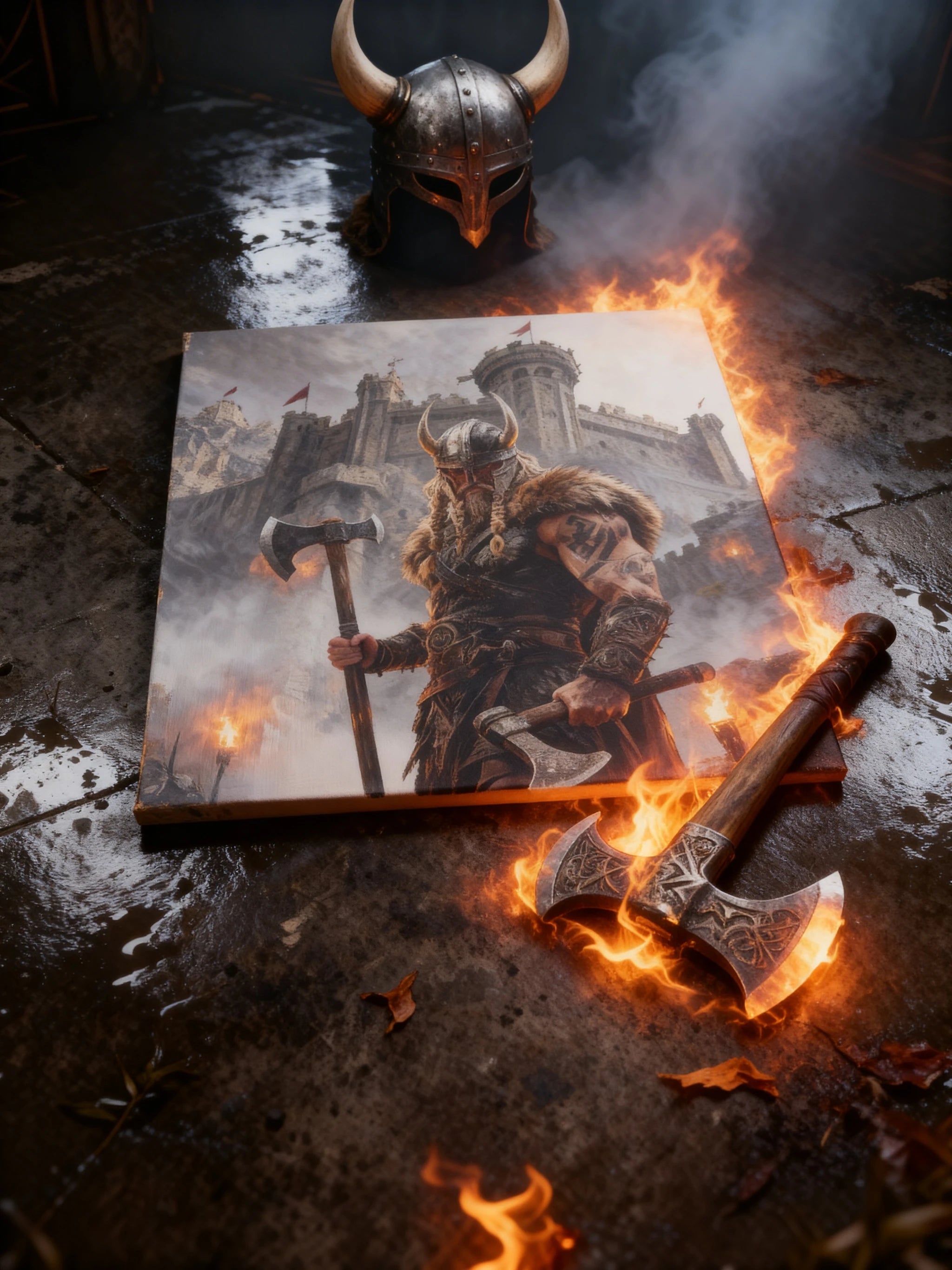 Viking wall art – dual axe berserker warrior standing before fog-shrouded fortress – Warface Athletics