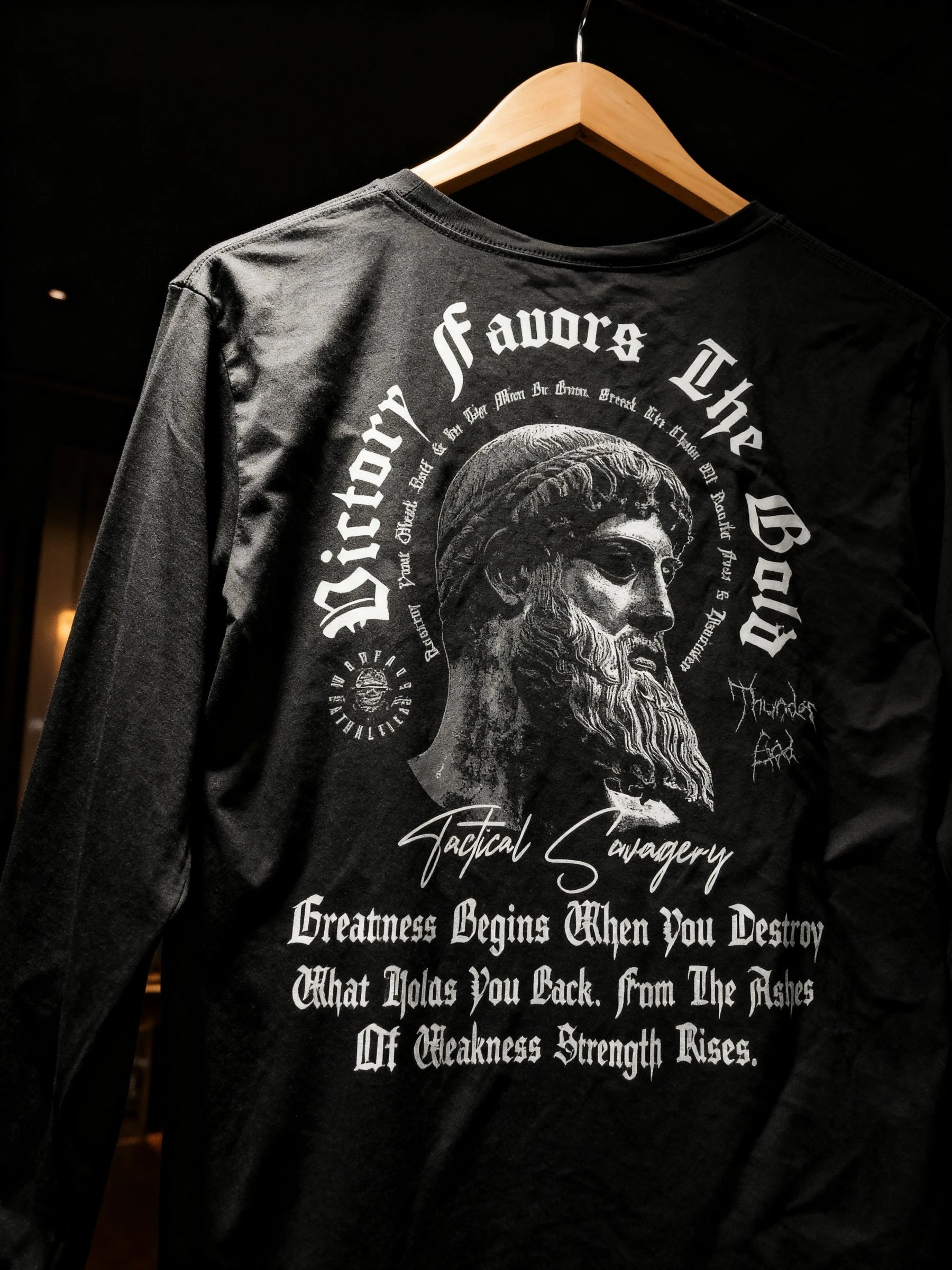 Victory Favors the Bold Zeus Long Sleeve Hanger — Men's Greek Mythology Gym Shirt with Stoic Quote Back Print by Warface Athletics