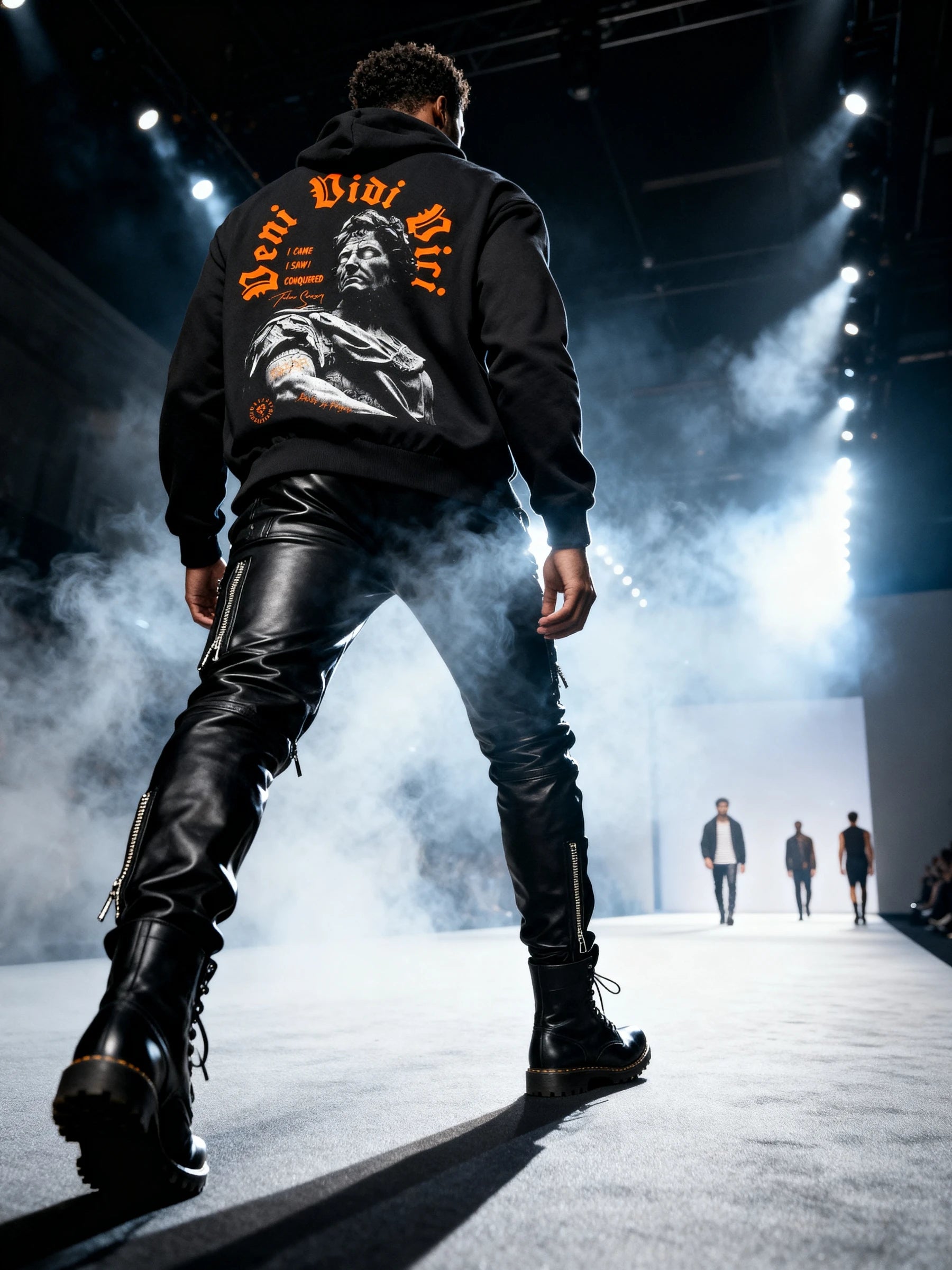 Men's Veni Vidi Vici gym hoodie – streetwear model on smoky runway in Julius Caesar roman emperor hoodie. Warface Athletics.