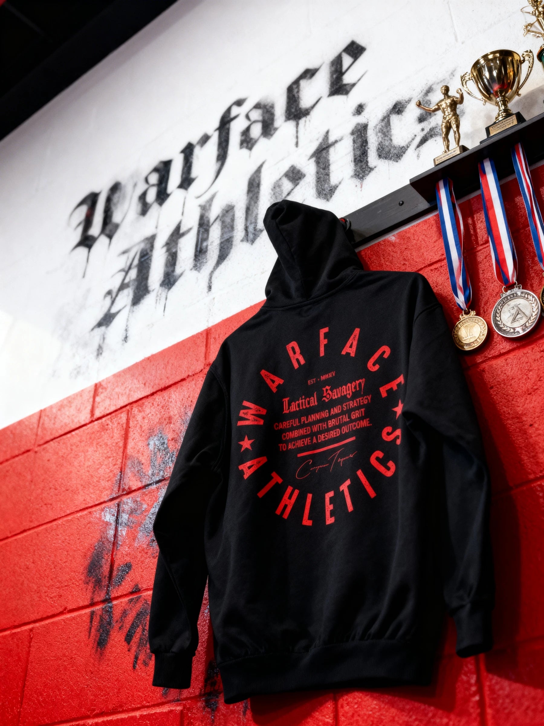 Men's Tactical Savagery gym hoodie front – Warface Athletics heraldic lion graphic hoodie on red background. Warface Athletics.
