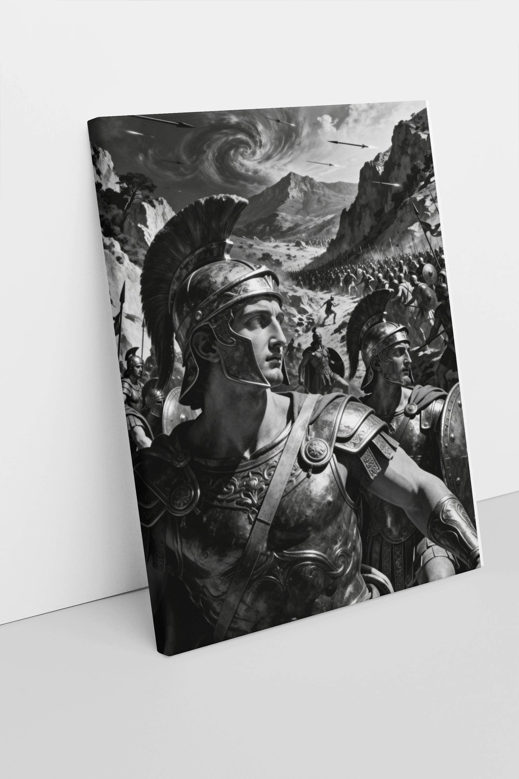 Spartan phalanx canvas print angled flat mockup – ancient greek warrior wall art, ready to hang. Warface Athletics.