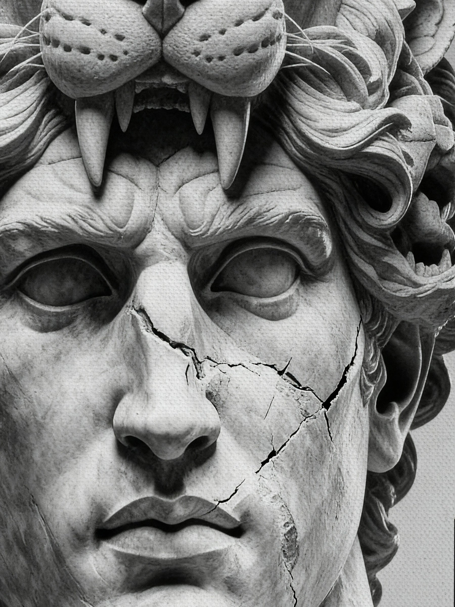 Hercules cracked marble bust canvas art detail – Nemean lion skull helmet, greek mythology wall art close-up.