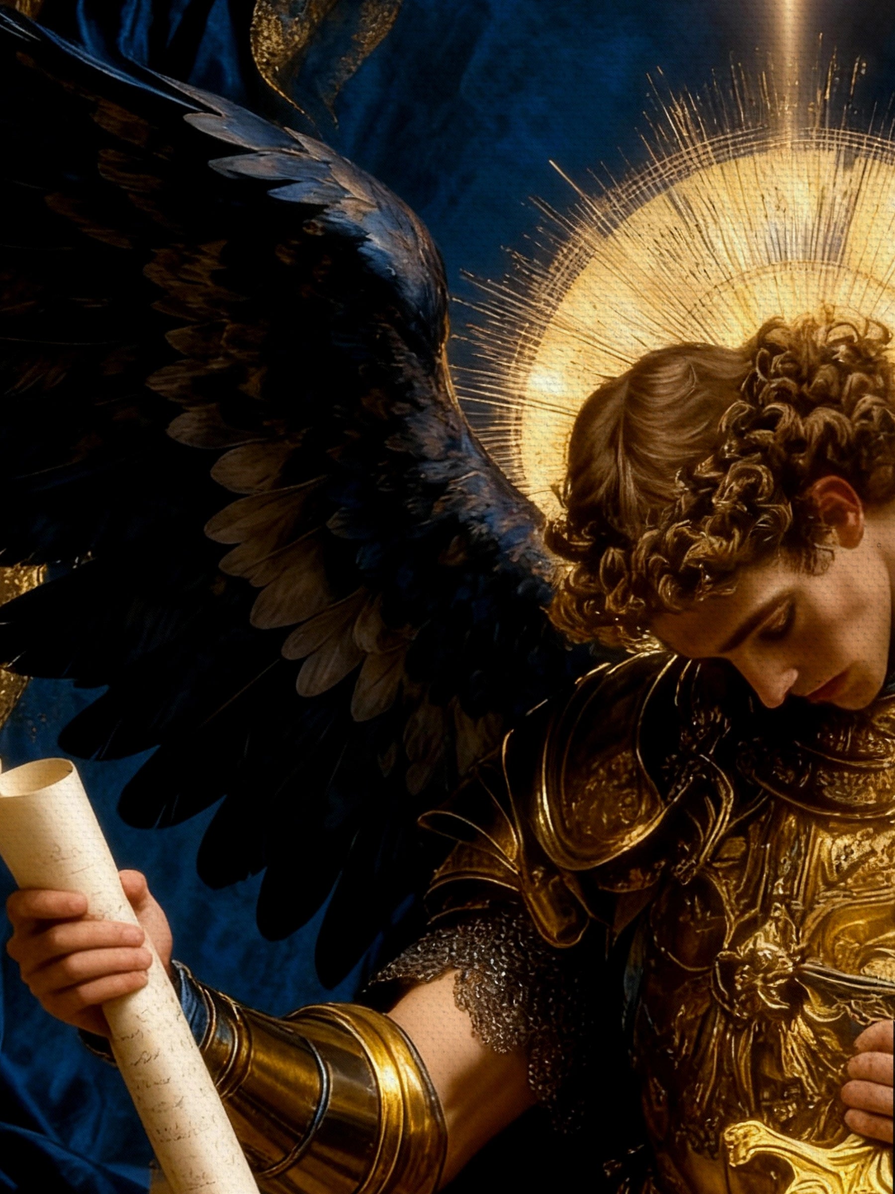 St. Michael Archangel canvas art detail – golden armor dual wings unsheathed sword, baroque christian wall art.