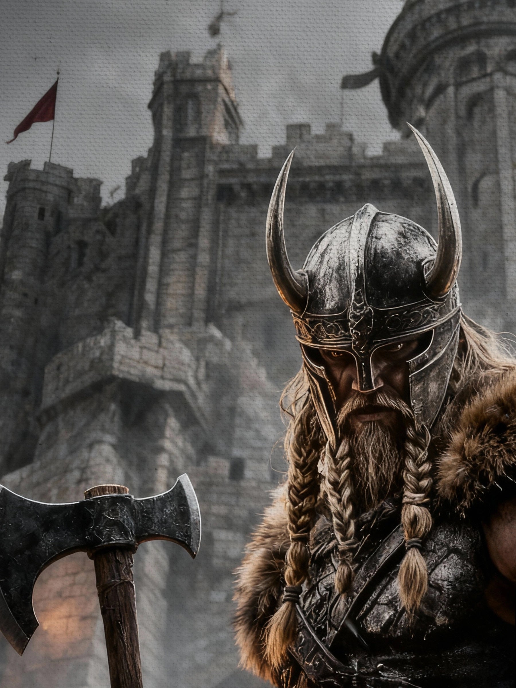 Norse warrior canvas print – horned helmet viking holding axes, castle in background – Warface Athletics