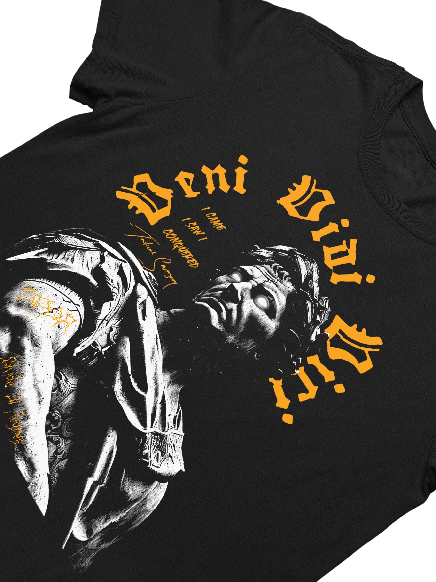 Veni Vidi Vici Graphic Tee Close-Up — Men's Warrior Mindset Shirt with Latin Quote by Warface Athletics