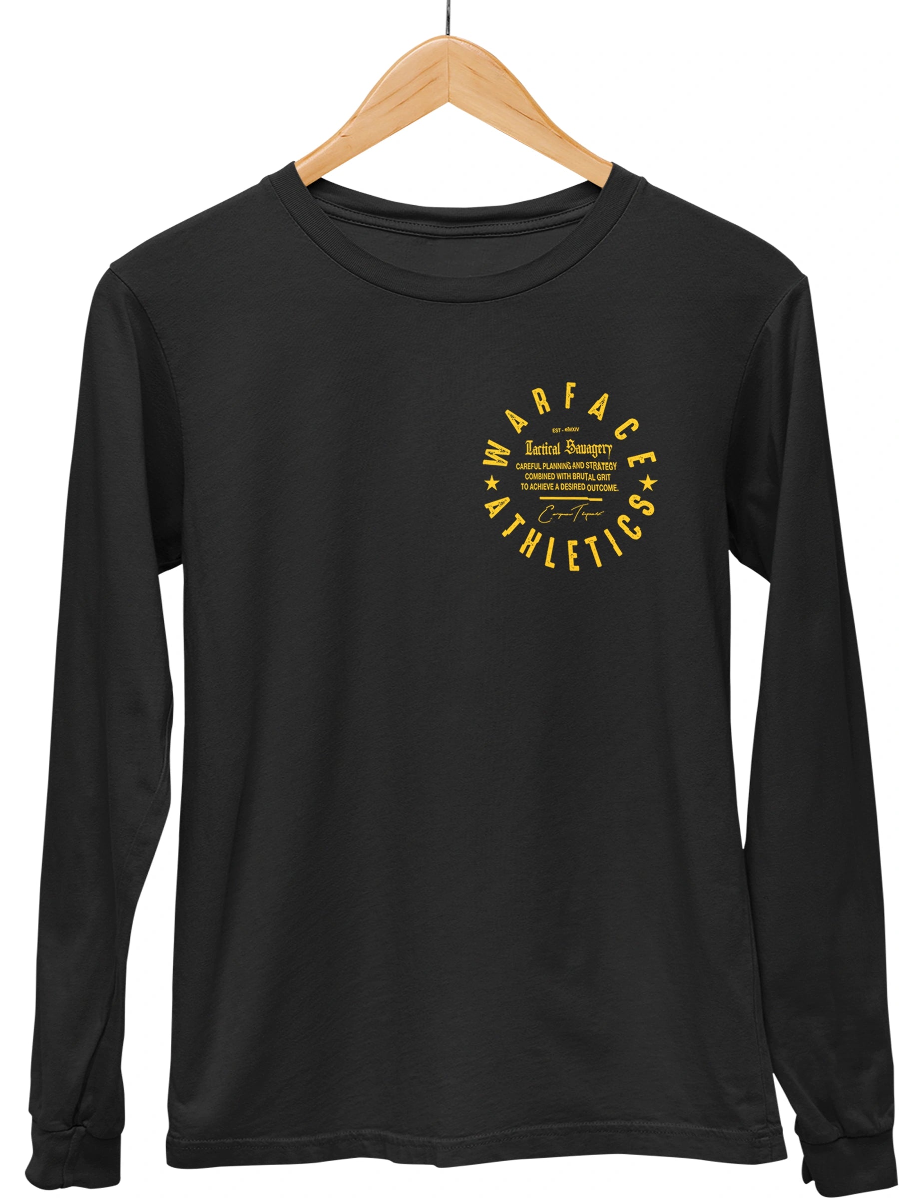 Warface Athletics Black long-sleeve shirt with yellow text on a hanger against a white background