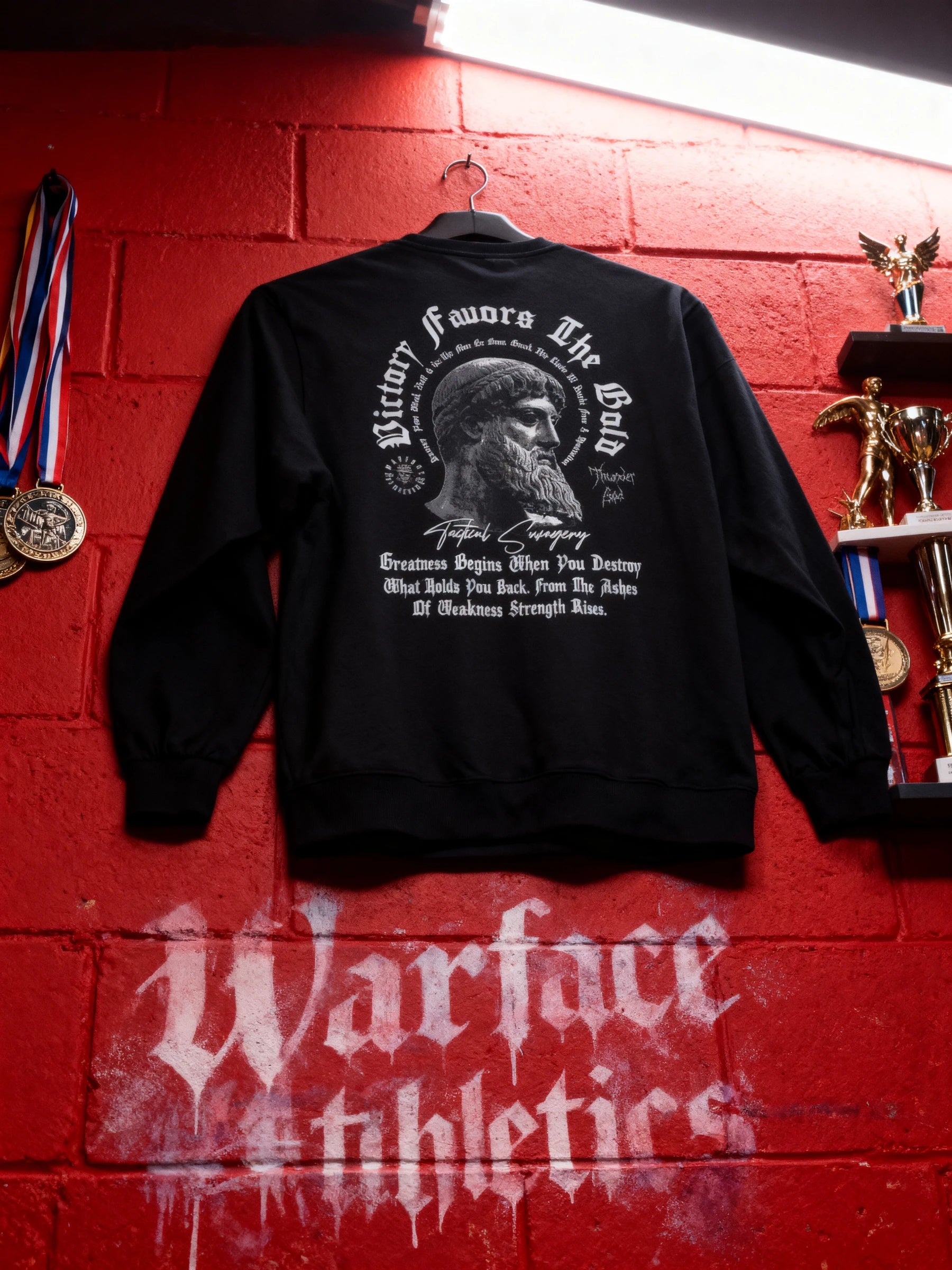 Victory Favors the Bold Zeus Tee Display — Men's Greek Mythology Shirt with Warface Athletics Branding on Red Background