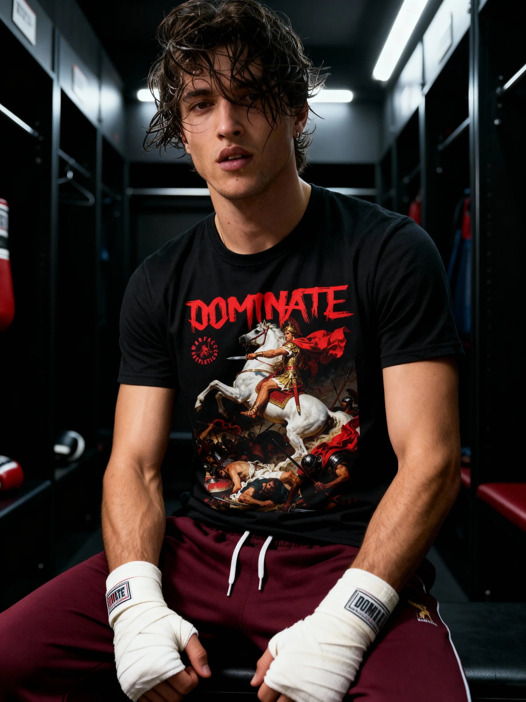 Dominate heavyweight gym shirt – men's Alexander the Great graphic tee, boxer in locker room. Warface Athletics.