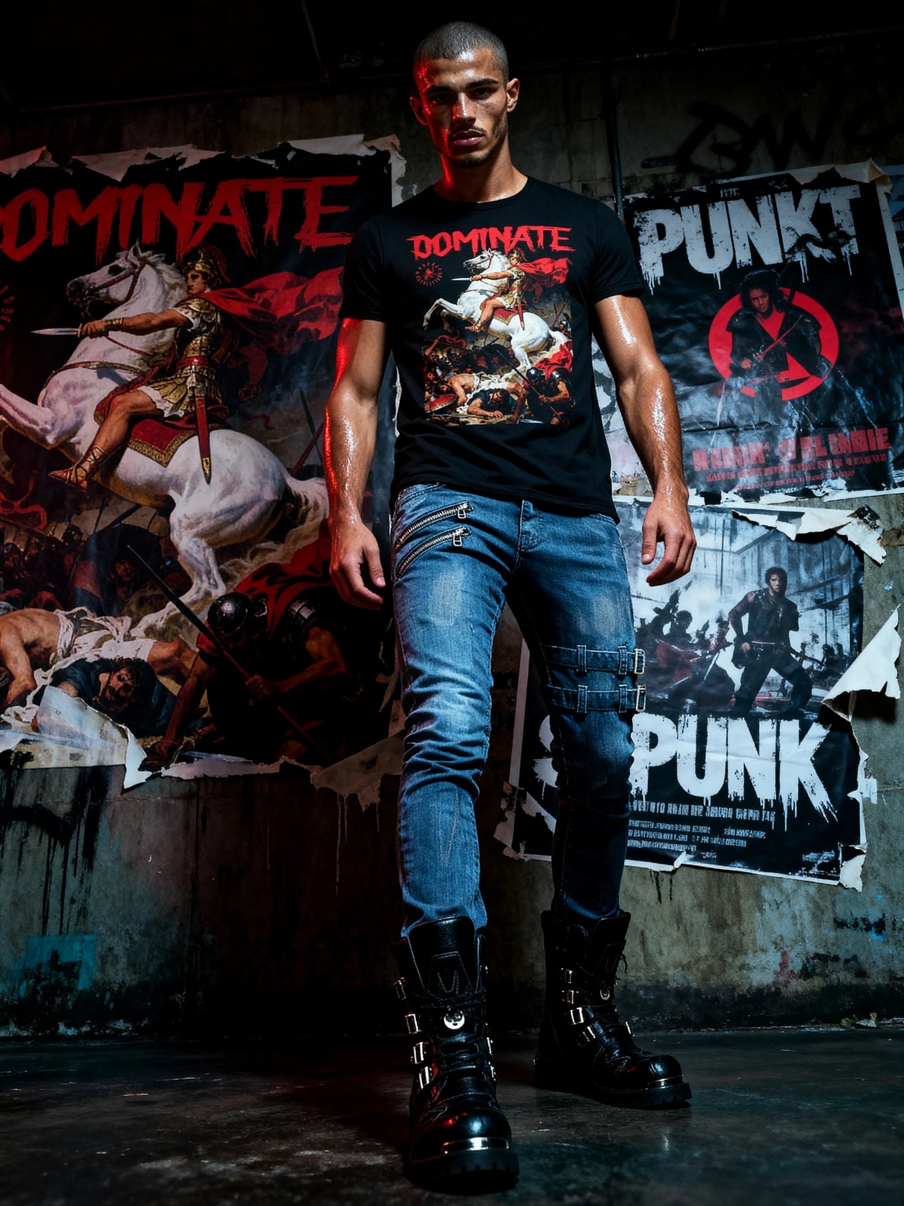 Men's Alexander the Great gym shirt – streetwear model in Dominate heavyweight tee, graffiti wall lifestyle.