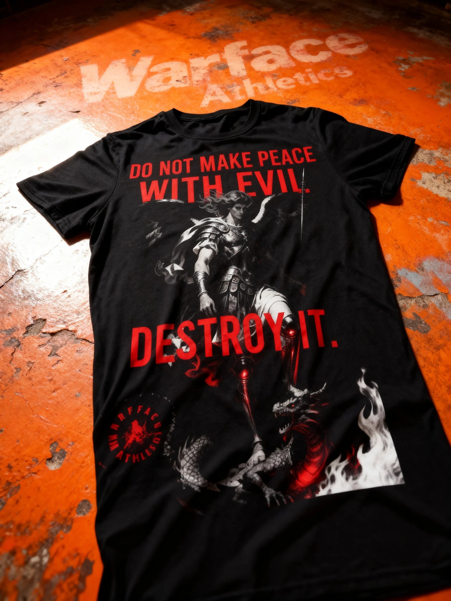 Saint Michael Destroy Evil Heavyweight Graphic Tee — Men's St. Michael Warrior Gym T-Shirt by Warface Athletics