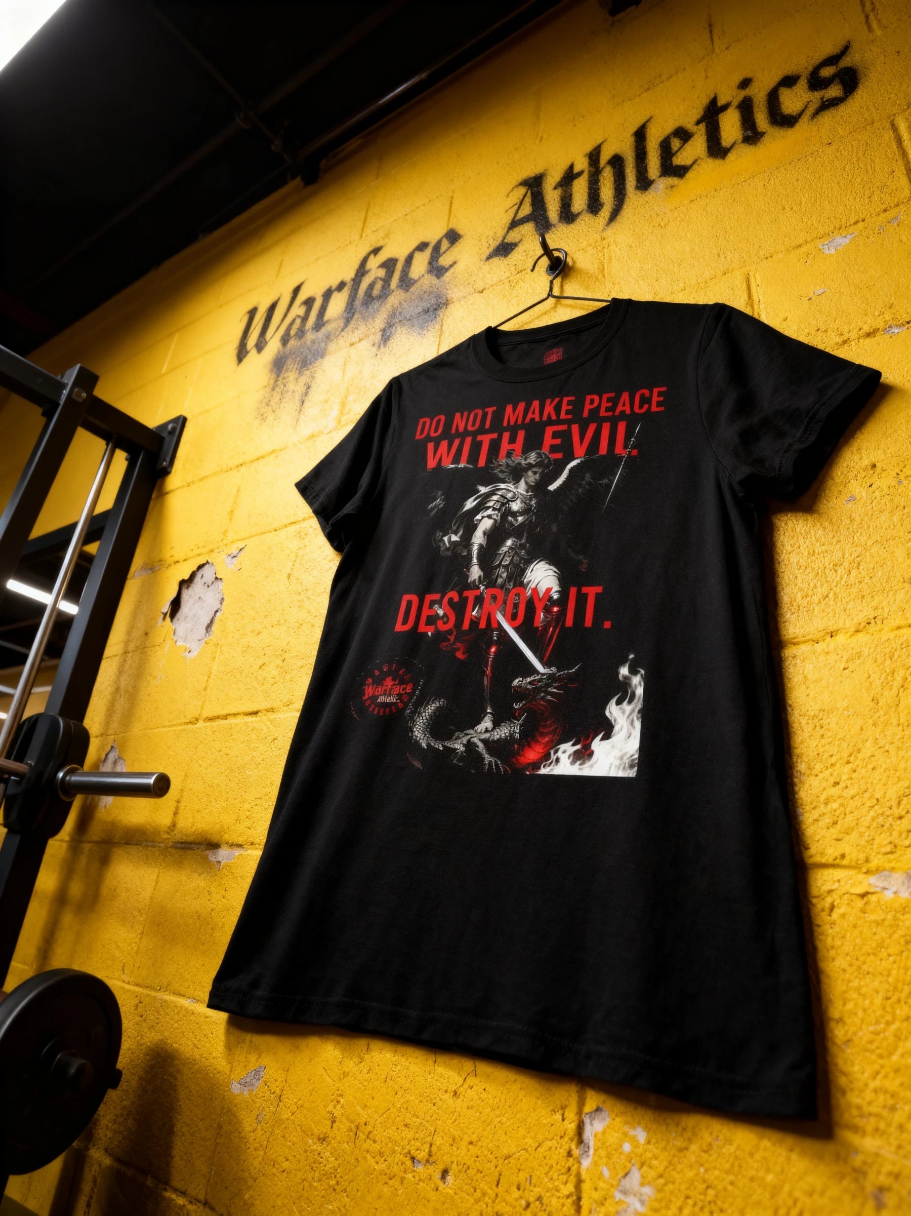 St. Michael Destroy Evil Men's Graphic Tees for Guys with Motivational Quote by Warface Athletics on a yellow wall