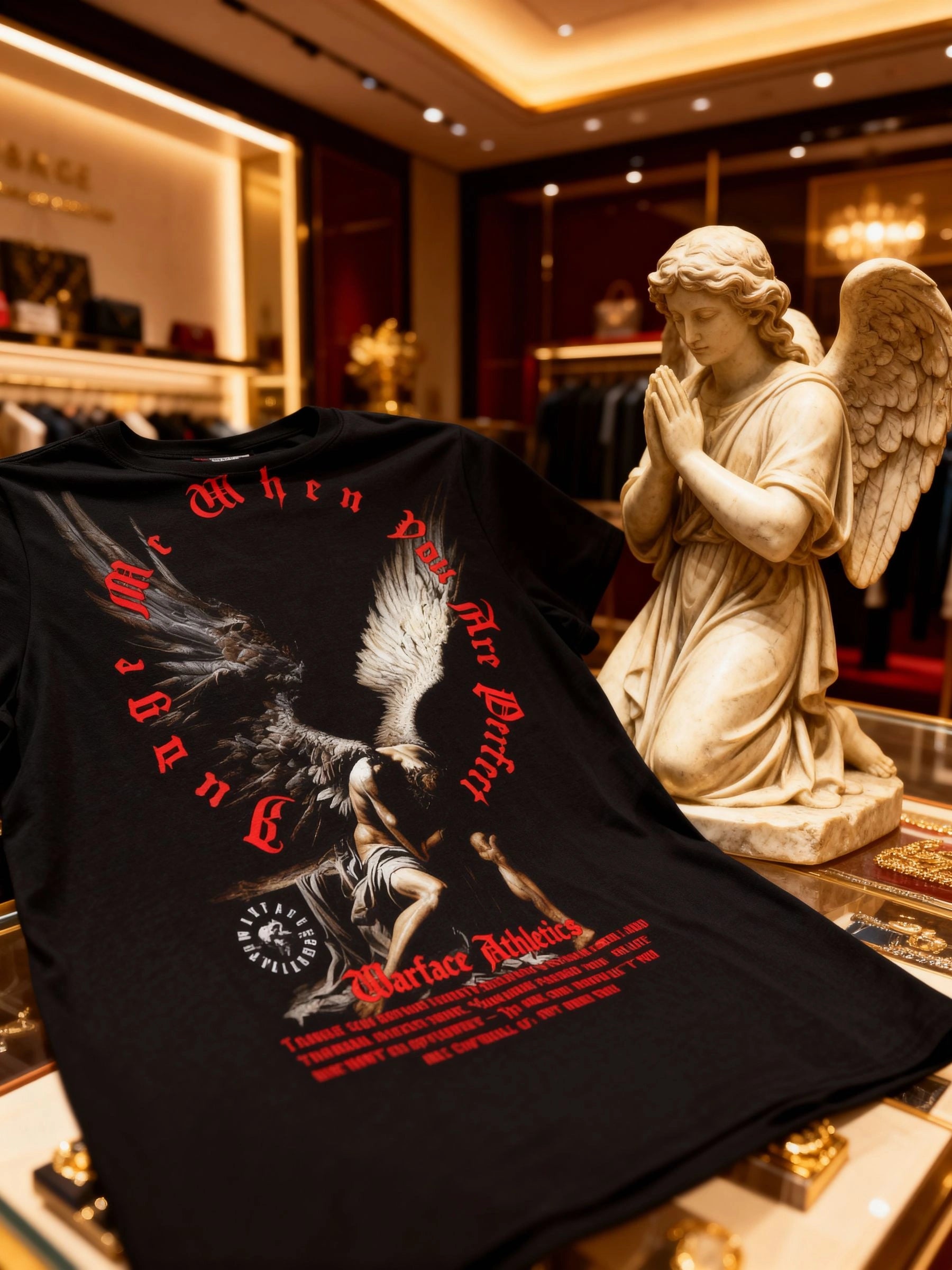 Fallen Angel Workout Tee Shirt Flat Lay — Men's Graphic Tees for Guys with Inspirational Quote by Warface Athletics