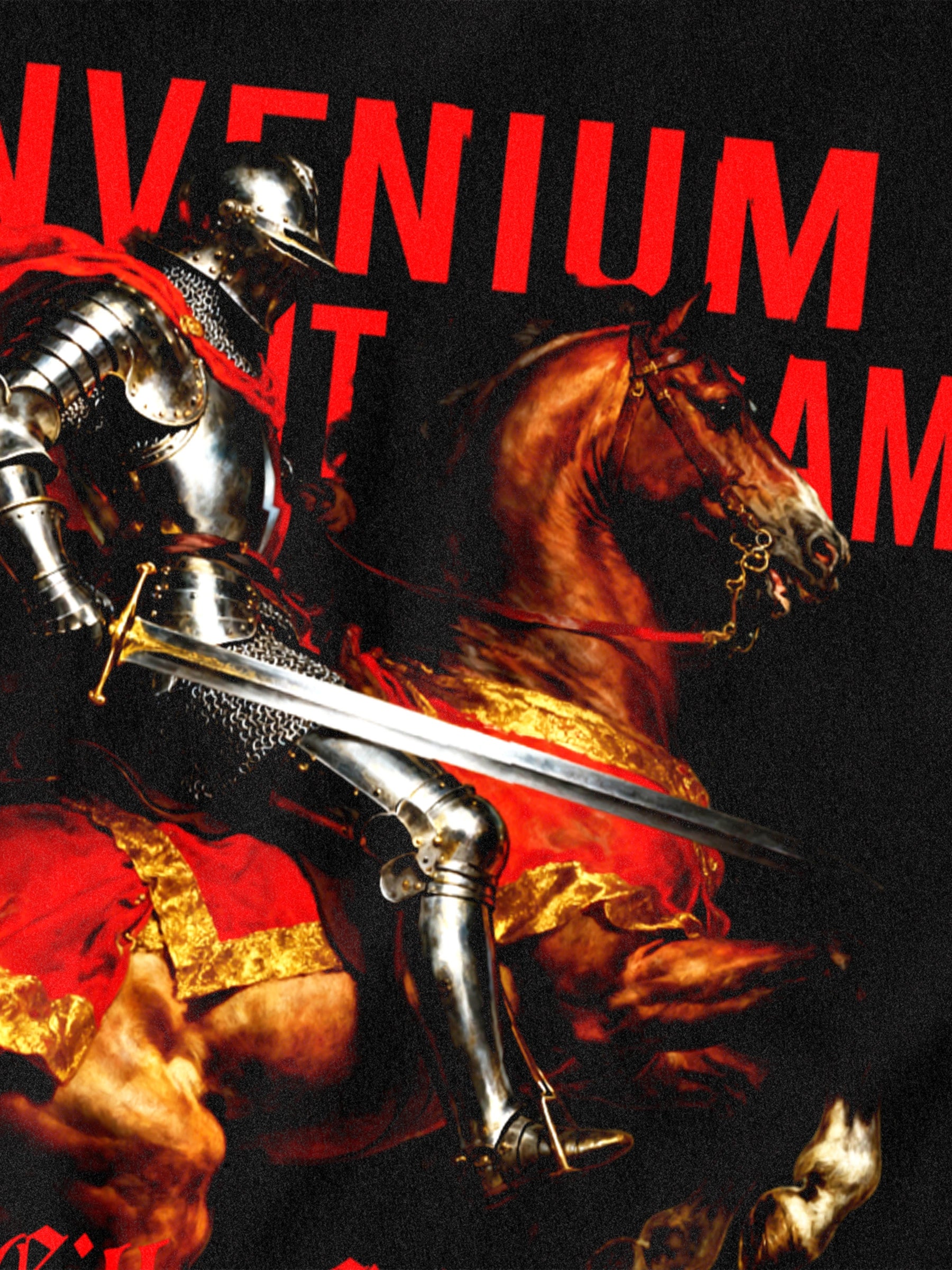 Invenium Viam Aut Faciam graphic tee design – knight on rearing warhorse red cape, men's dual-sided gym shirt.