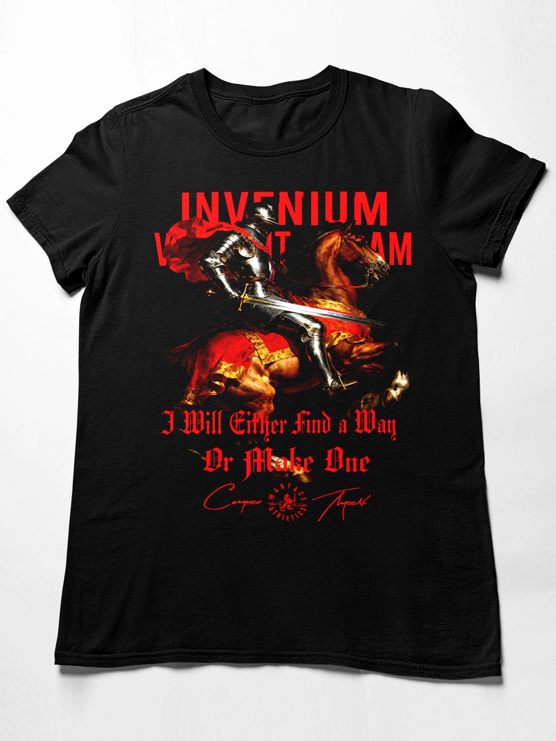 Invenium Viam Aut Faciam front flat lay – men's black medieval knight heavyweight gym shirt, Comfort Colors 1717.