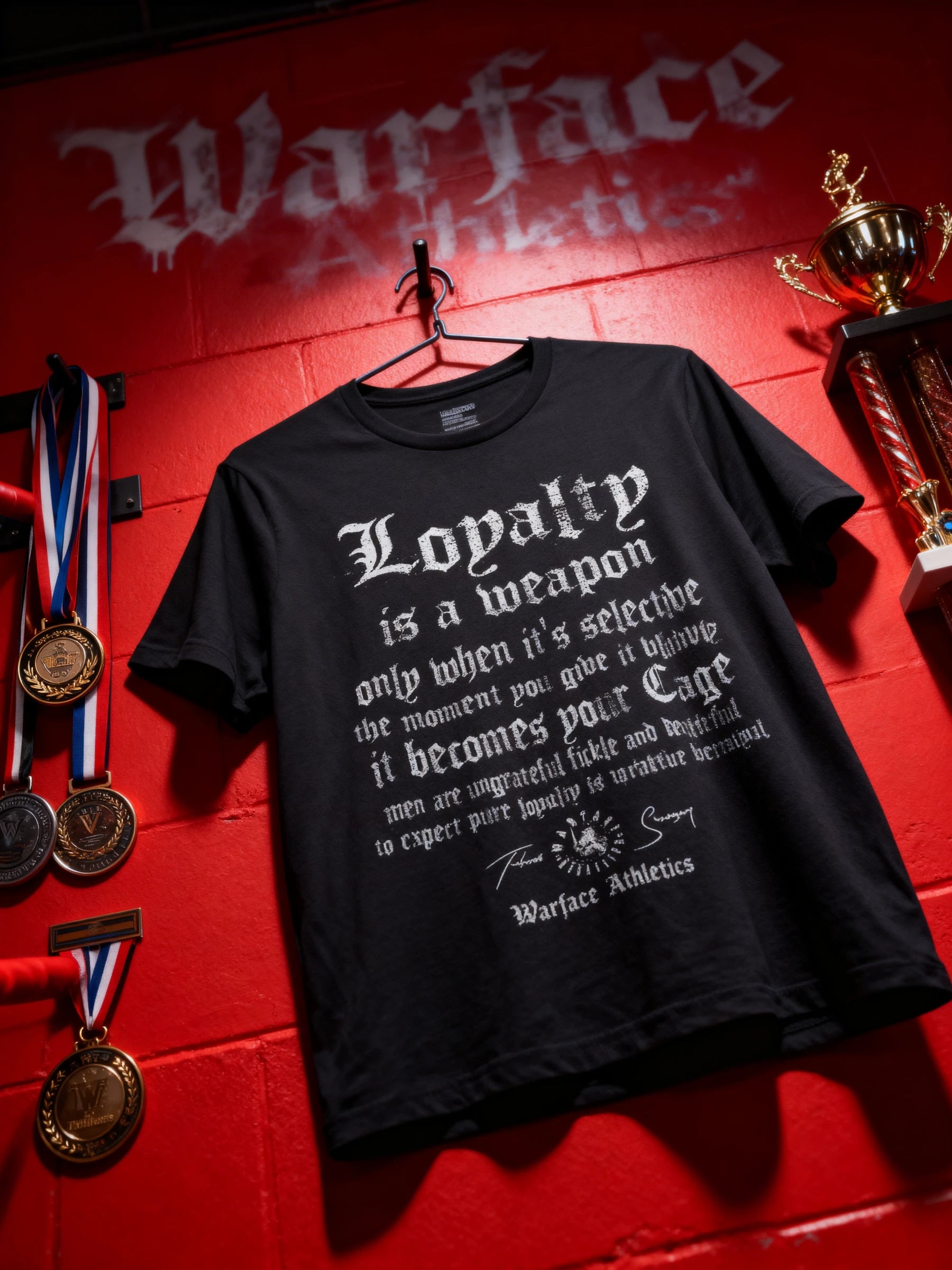 Loyalty Graphic Tee Lifestyle — Men's Stoic Warrior Shirt with Loyalty Quote on Red Background by Warface Athletics