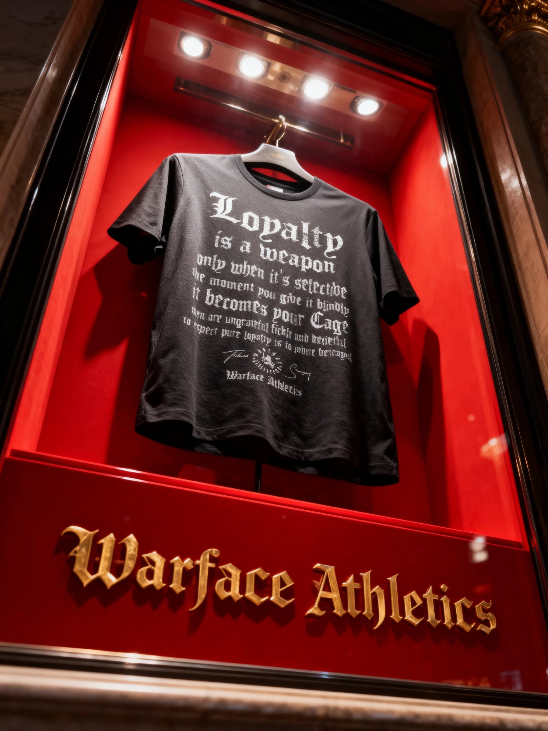 Loyalty Tee Display — Men's Stoic Quote Gym Shirt with Warface Athletics Branding on Red Background