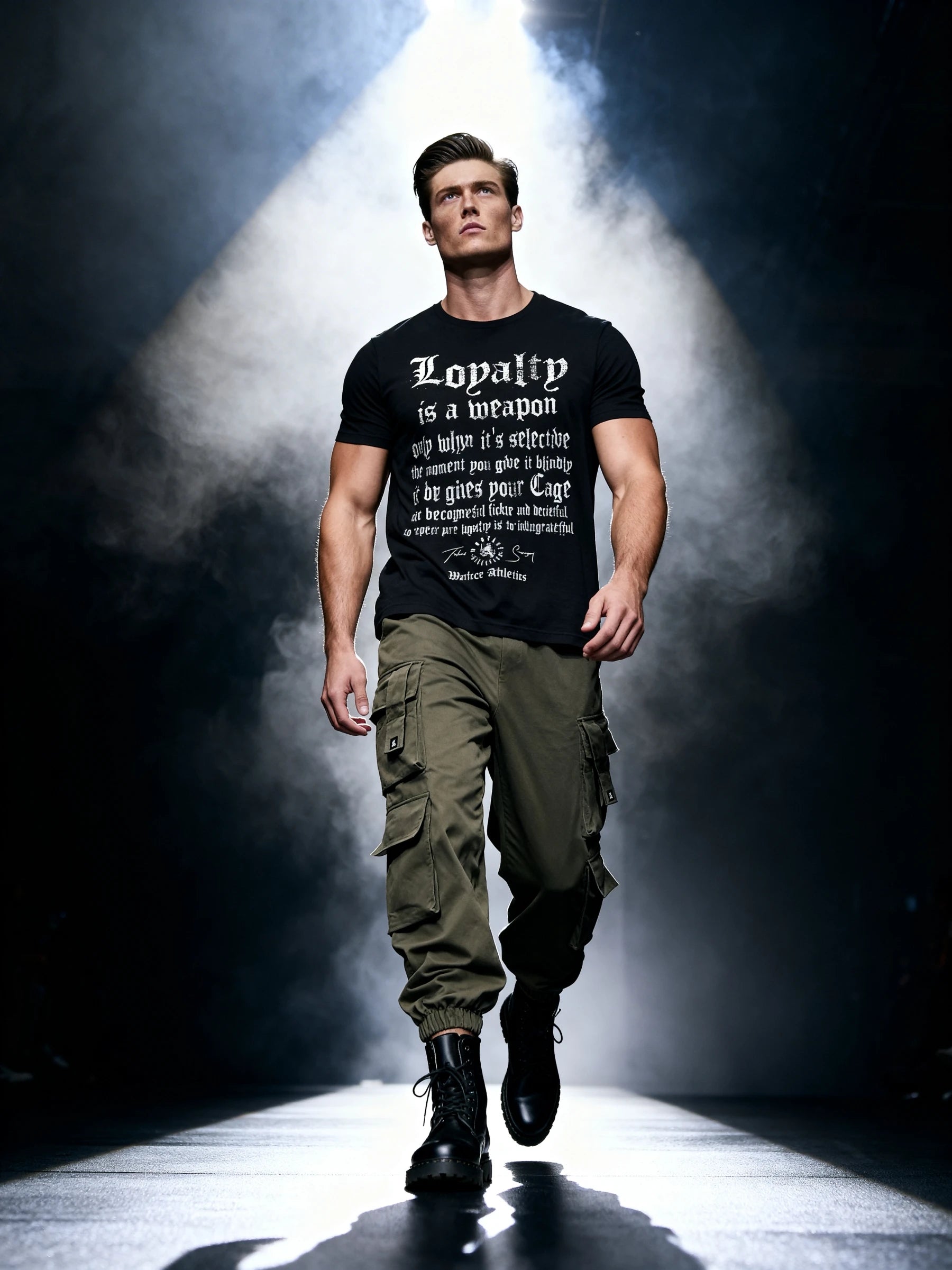 Loyalty Tee Lifestyle — Men's Stoic Quote Gym Shirt with Bold Loyalty Graphic in Dramatic Lighting by Warface Athletics