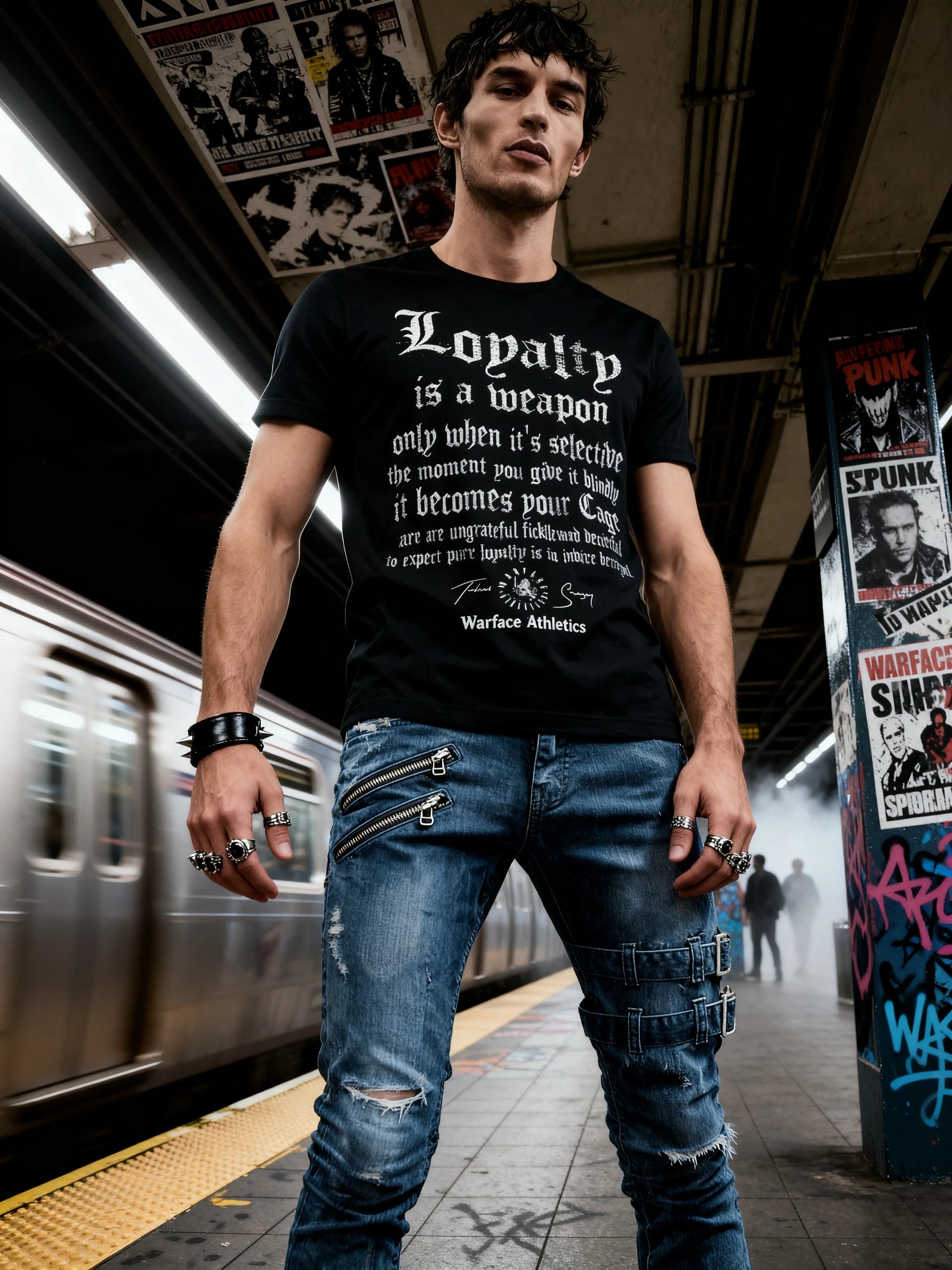 Loyalty Tee Lifestyle — Men's Black Stoic Quote T-Shirt with Loyalty Graphic in Urban Setting by Warface Athletics