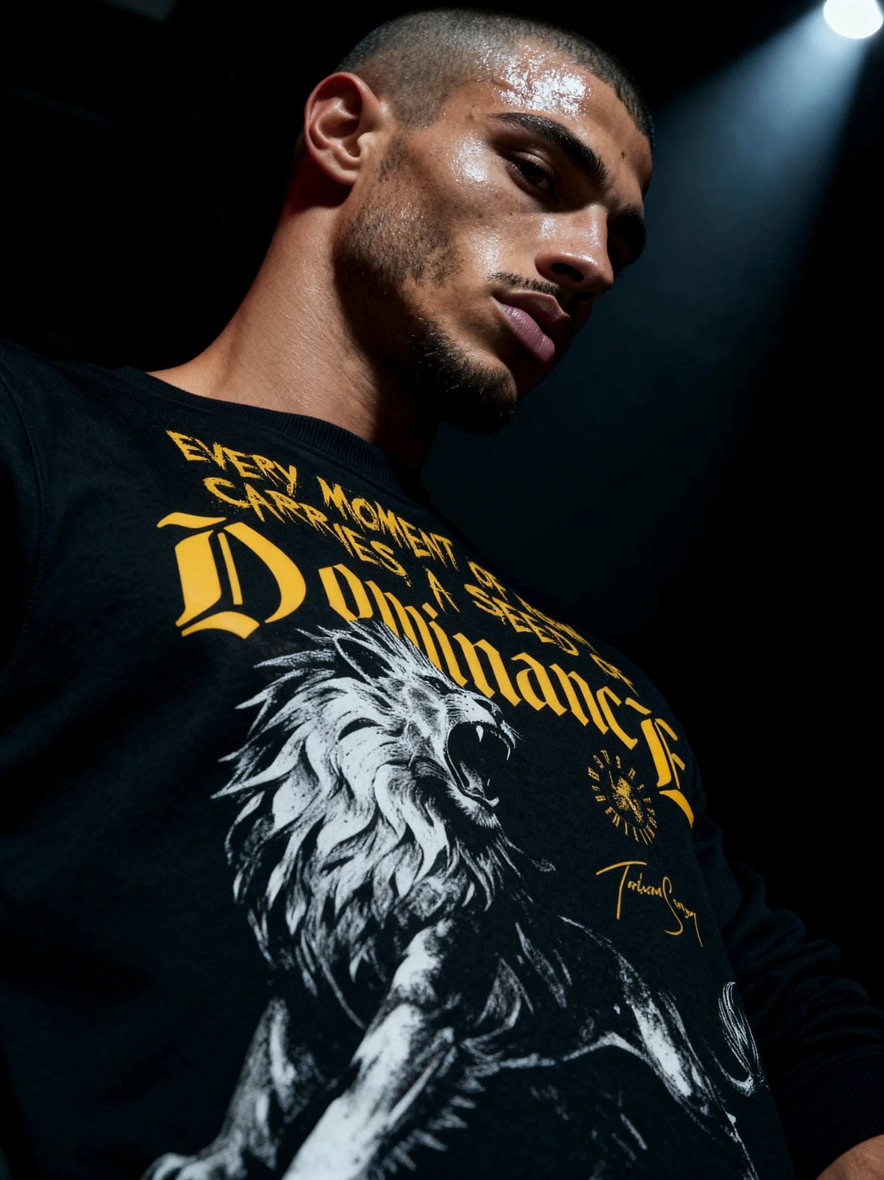 Men's Dominance lion pump cover sweatshirt – fitness model under spotlight in roaring lion crewneck. Warface Athletics.