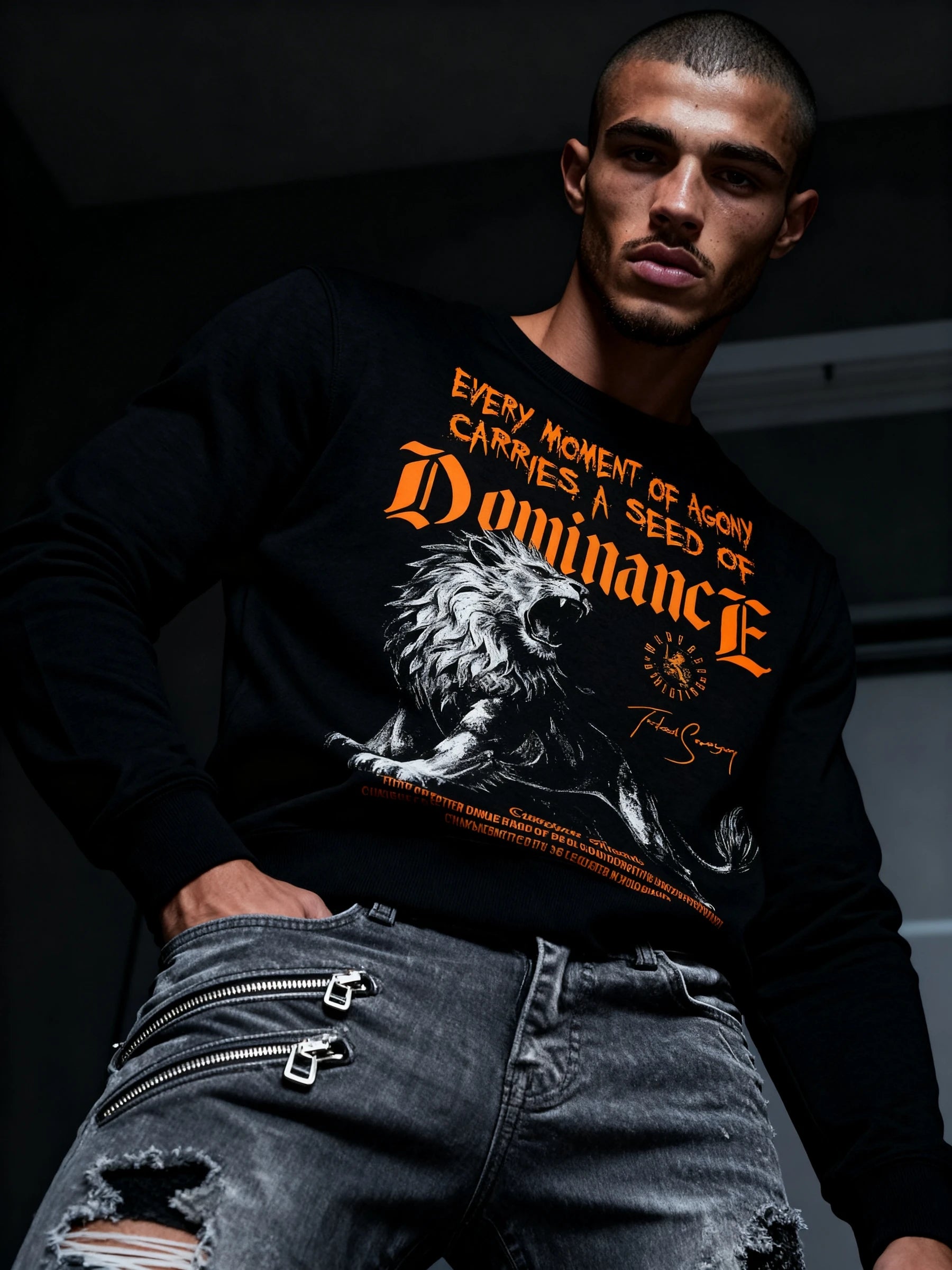 Every Moment of Agony Carries a Seed of Dominance sweatshirt – men's roaring lion pump cover crewneck. Warface Athletics.