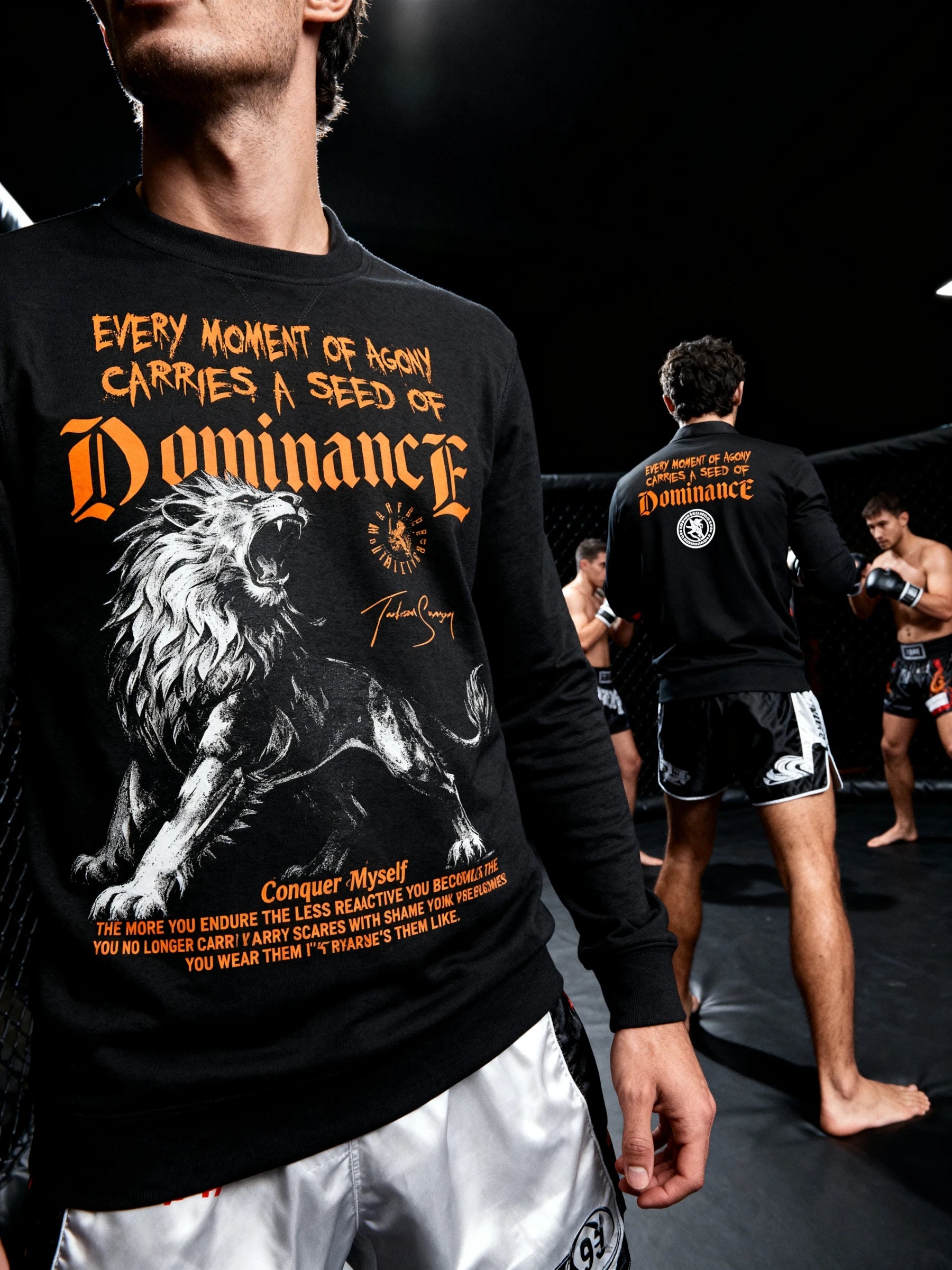 Men's Dominance lion pump cover sweatshirt – athlete in roaring lion crewneck in UFC cage, gym sweatshirt for men.