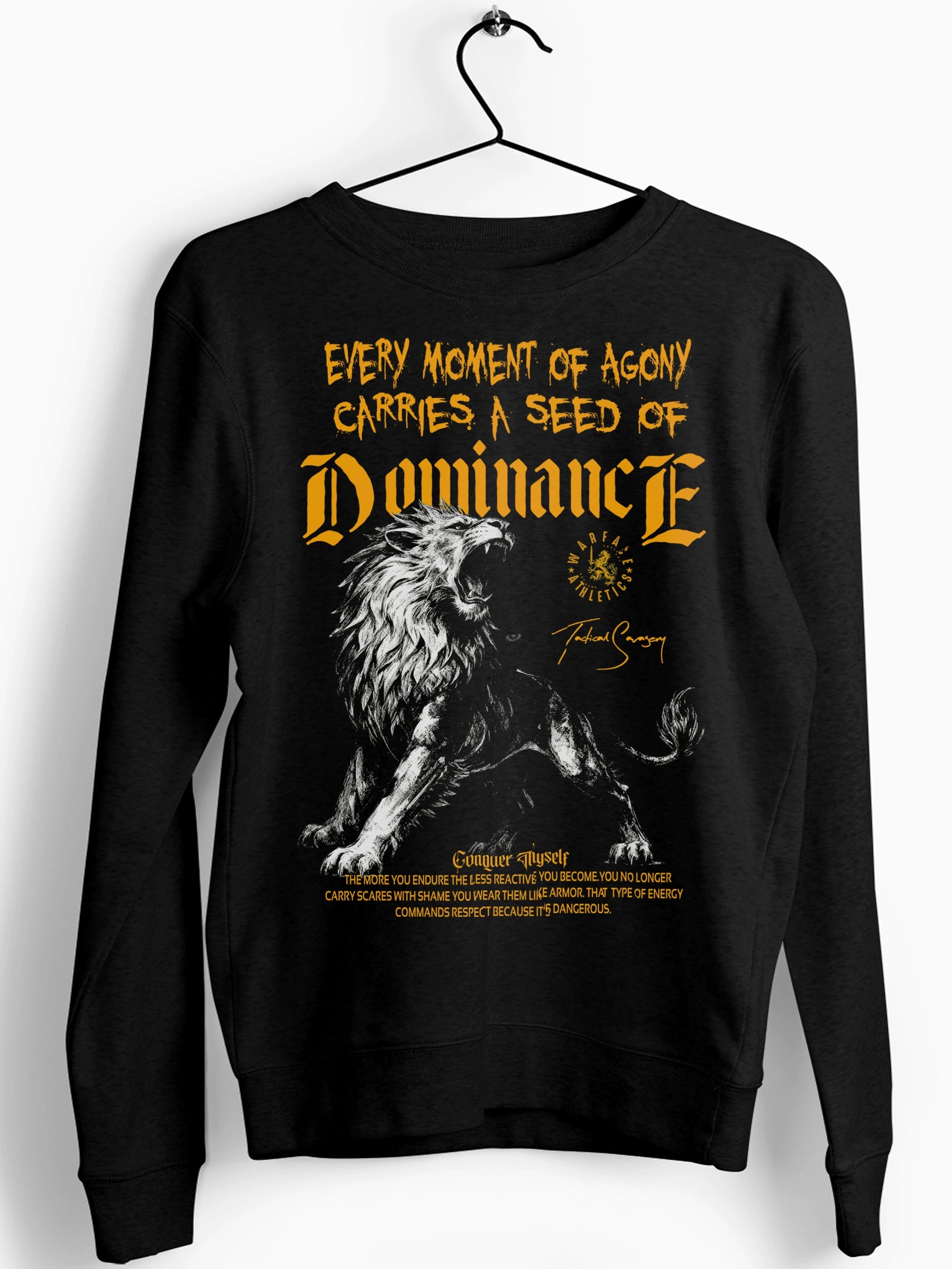 Men's Dominance lion graphic sweatshirt – bodybuilder in roaring lion pump cover crewneck, red background. Warface Athletics.