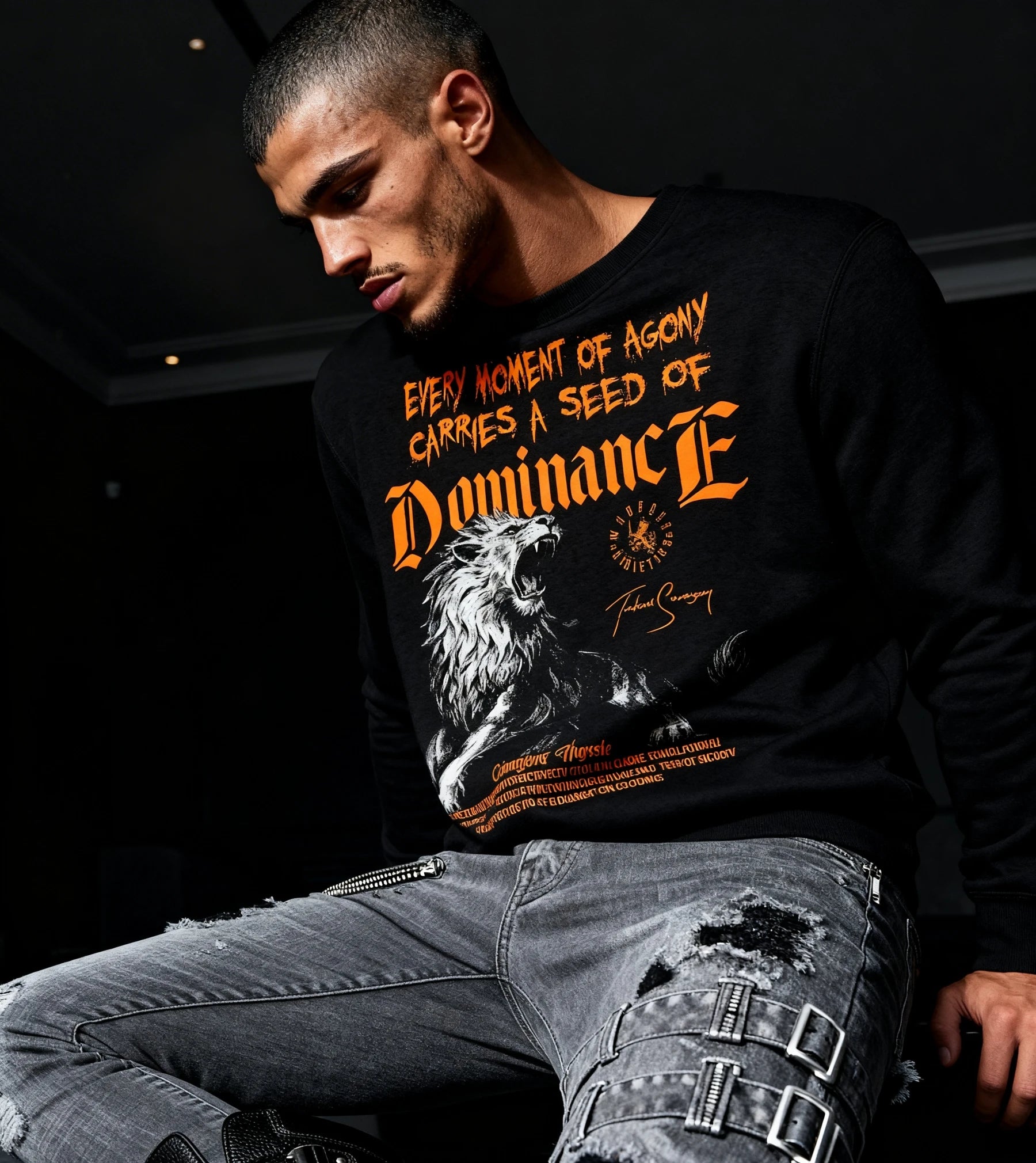Men's Dominance lion pump cover sweatshirt – fitness model in roaring lion crewneck, dark background lifestyle. Warface Athletics.