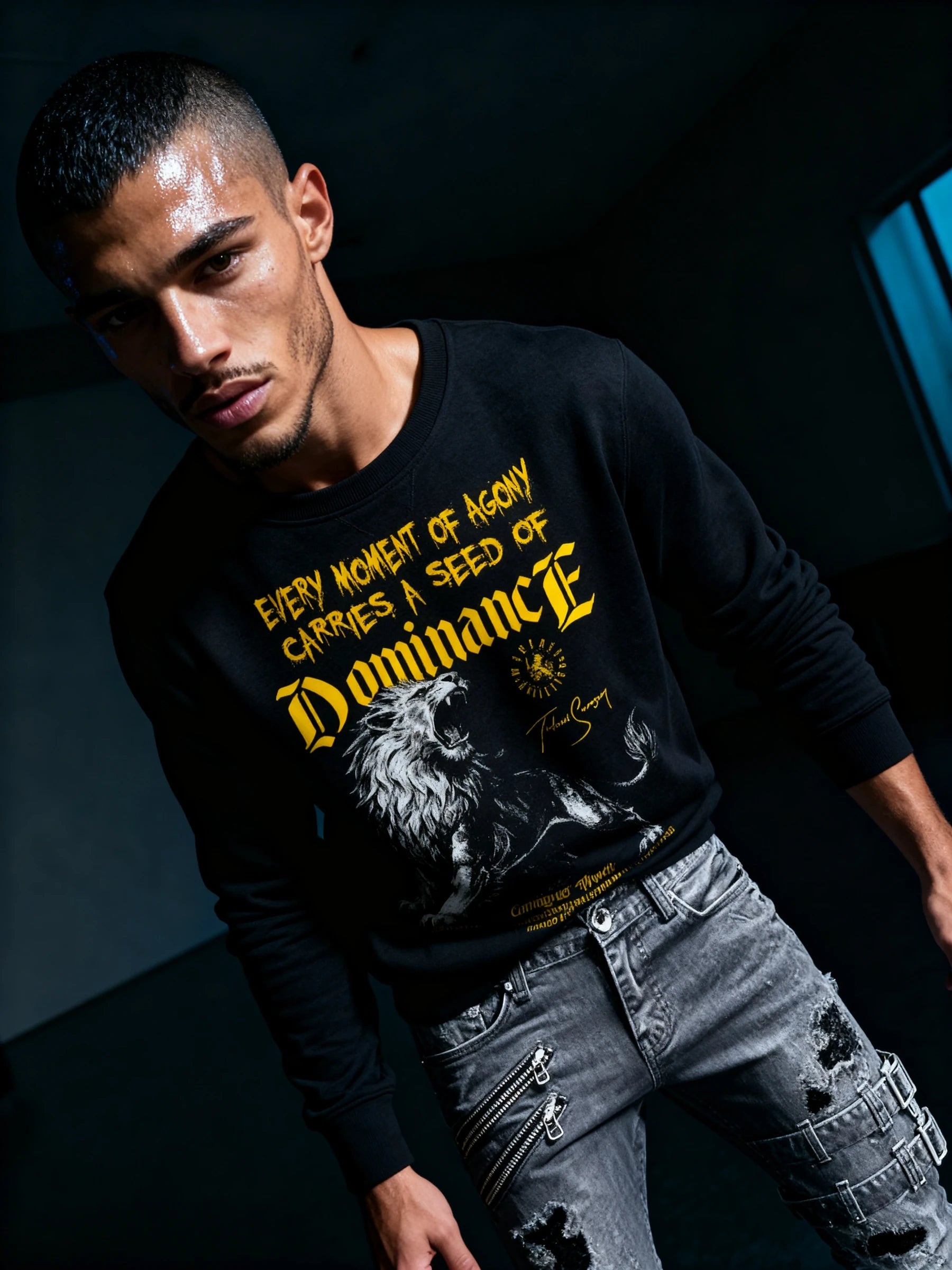 Men's Dominance lion graphic sweatshirt – fitness model in roaring lion pump cover crewneck, dark background. Warface Athletics.