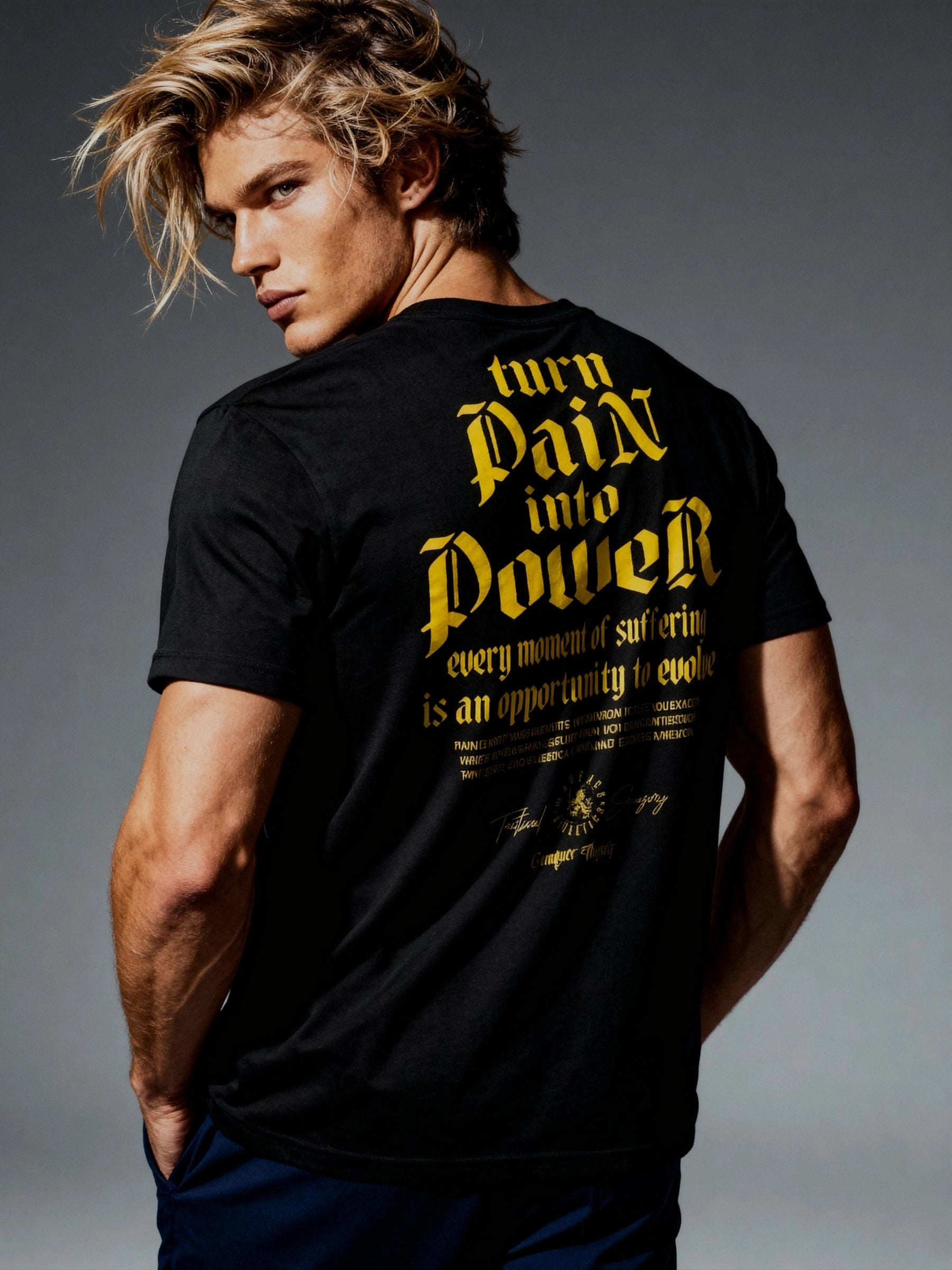 Turn Pain into Power Tee Back Lifestyle — Men's Stoic Warrior Shirt with Yellow Gothic Quote by Warface Athletics