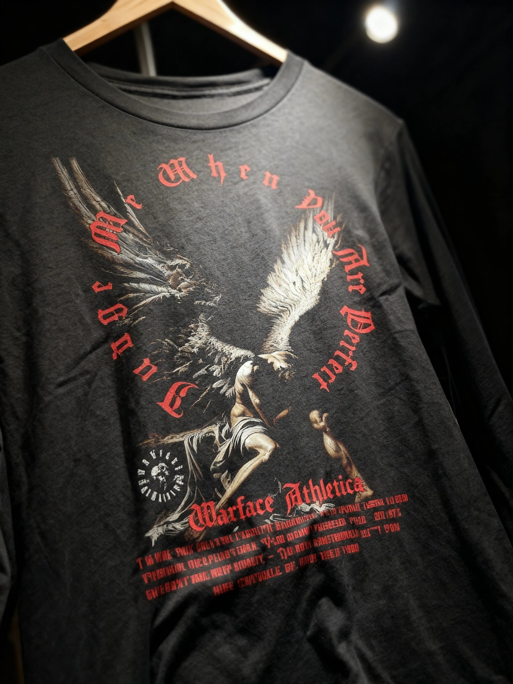 Fallen Angel Long Sleeve Gym Shirt Display — Men's Angel Graphic Tee with Warrior Clothing Aesthetic by Warface Athletics