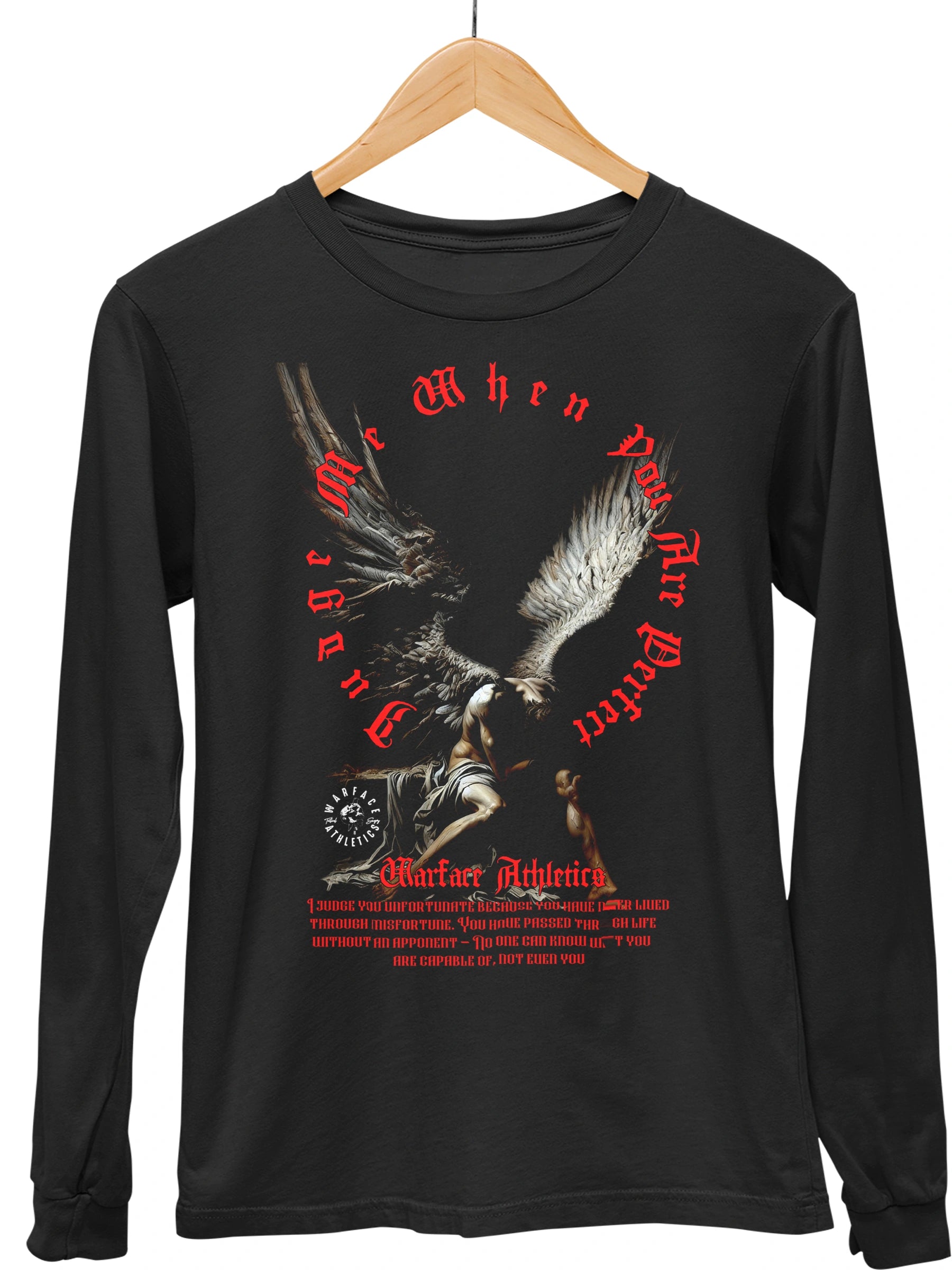 Fallen Angel Long Sleeve Gym Shirt Front View — Men's Christian Clothing Apparel with Motivational Quote by Warface Athletics