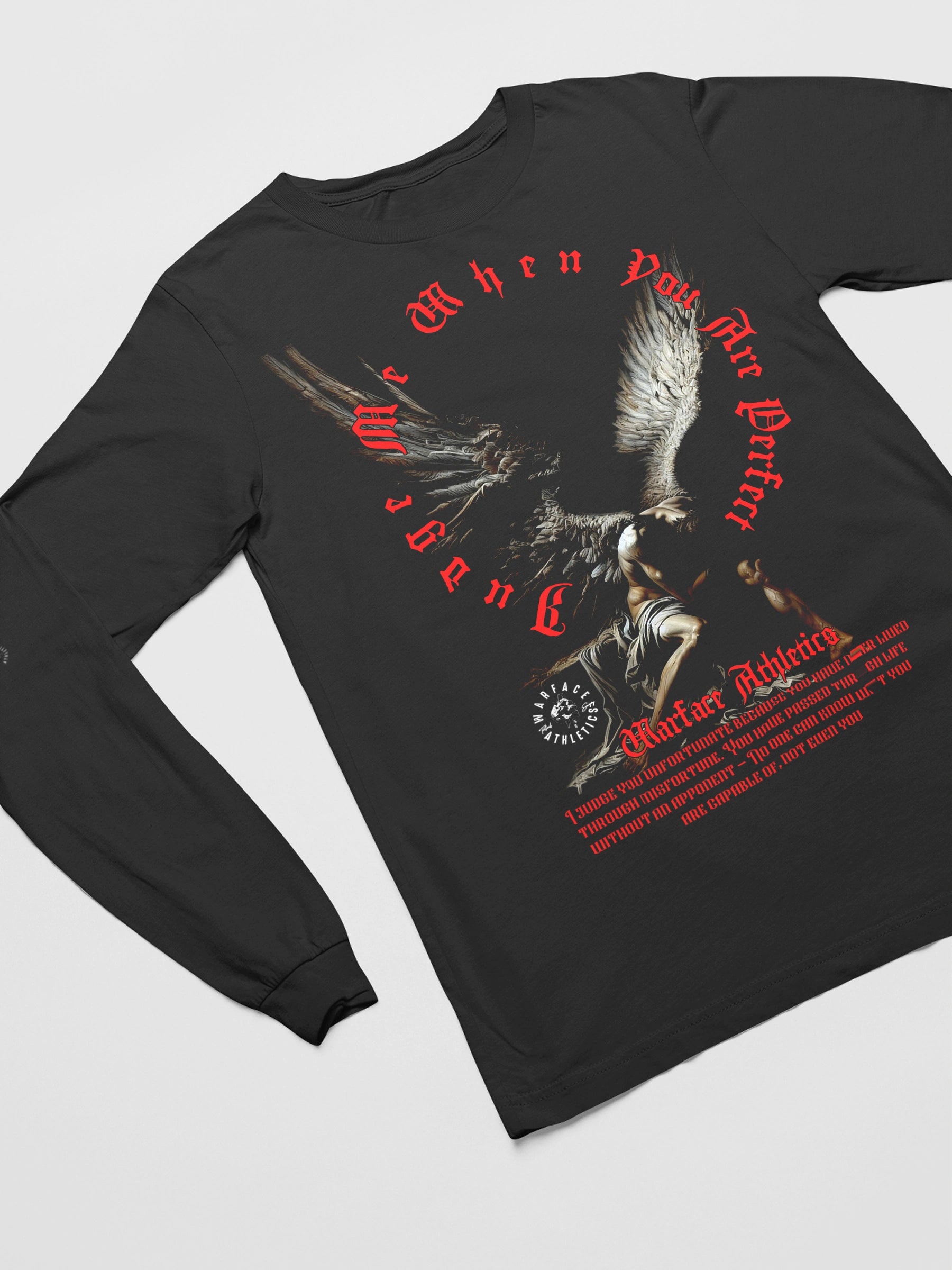 Fallen Angel Long Sleeve Graphic Tee Flat Lay — Men's Long Sleeve Athletic Shirt by Warface Athletics