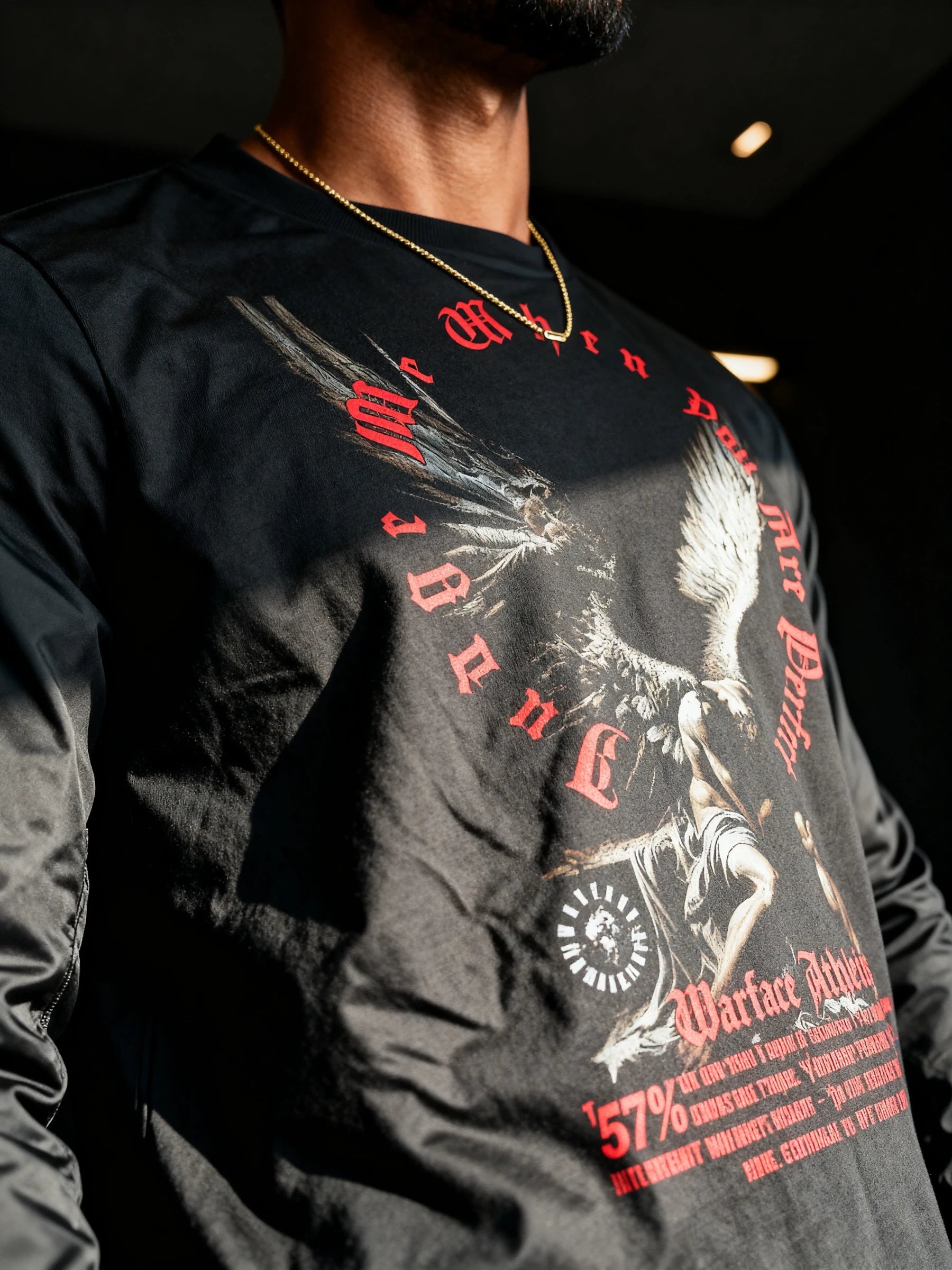 Fallen Angel Long Sleeve Tribute Shirt Back View — Men's Athleisure Clothing with Stoic Quote by Warface Athletics