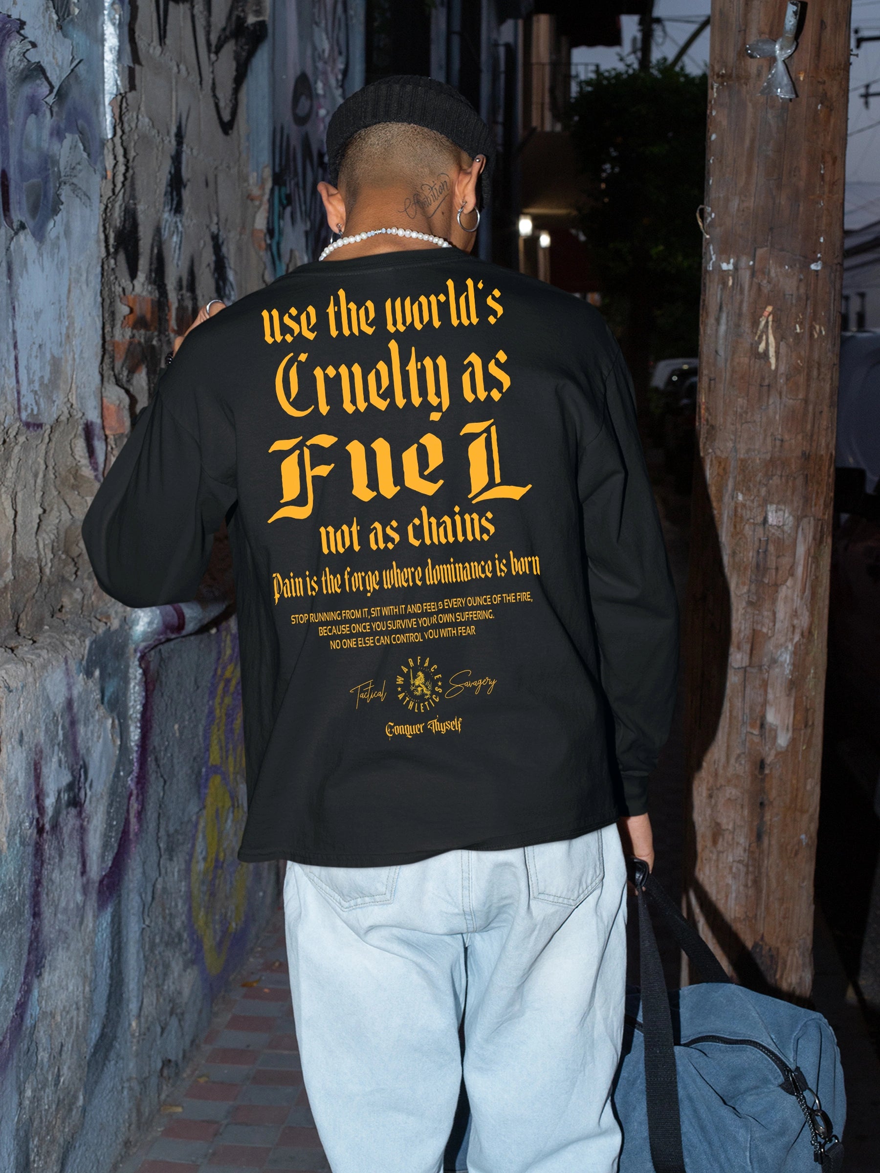 Cruelty as Fuel Long Sleeve Tee Lifestyle — Men's Stoic Warrior Shirt with Motivational Quote by Warface Athletics