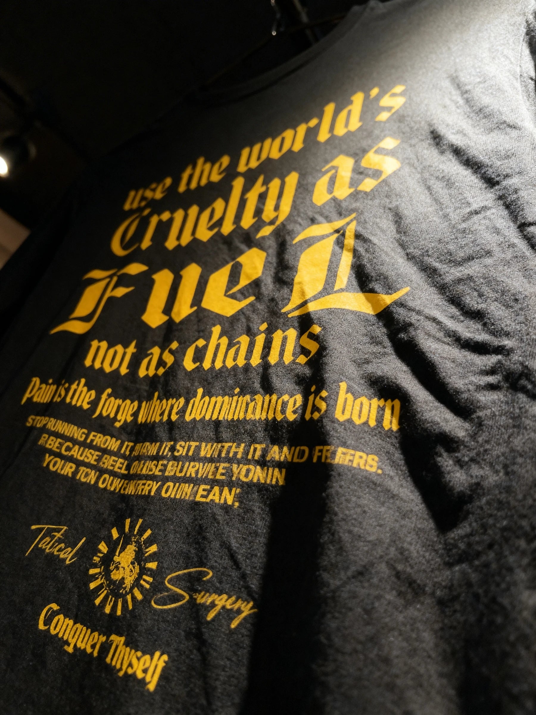 Cruelty as Fuel Long Sleeve Tee Lifestyle — Men's Stoicism Shirt with Bold Warrior Text by Warface Athletics