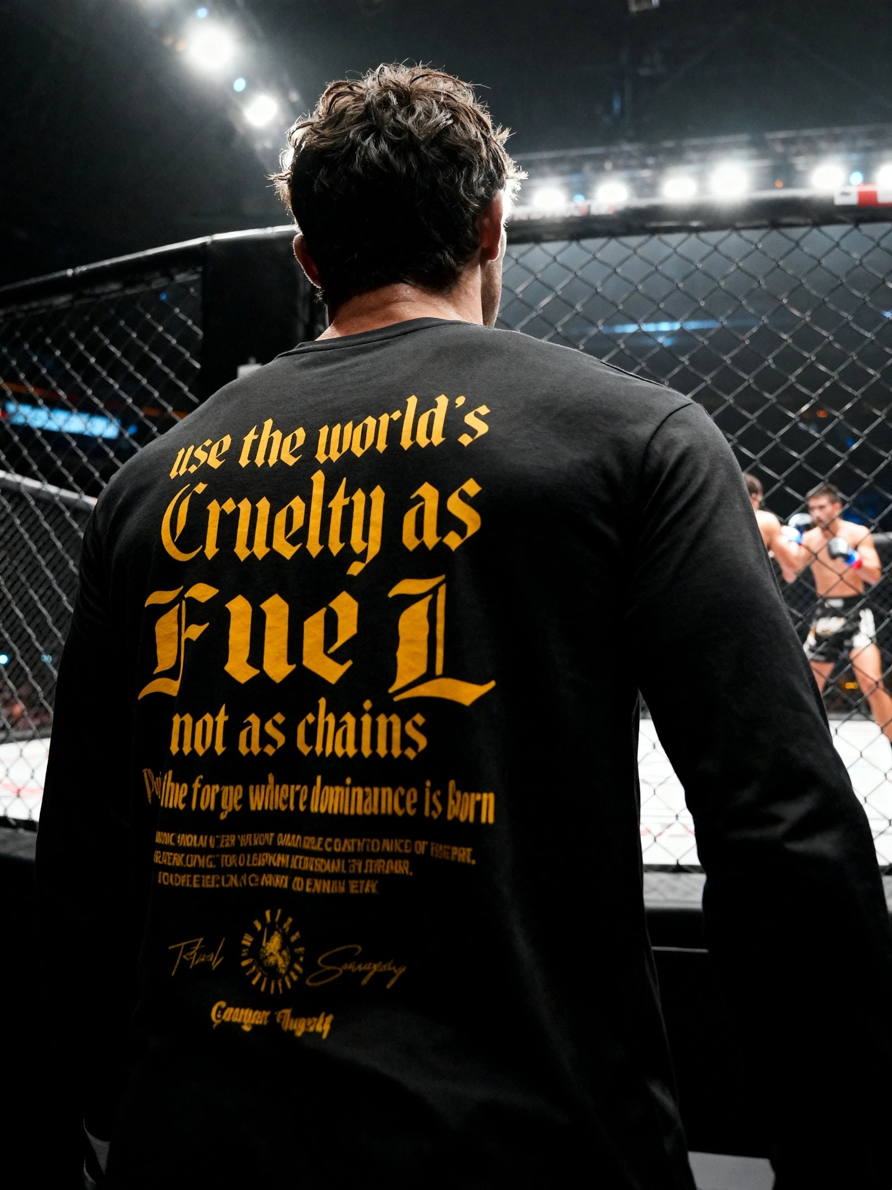 Cruelty as Fuel Long Sleeve Tee Back View — Men's Warrior Mindset Shirt with Stoic Philosophy Print by Warface Athletics