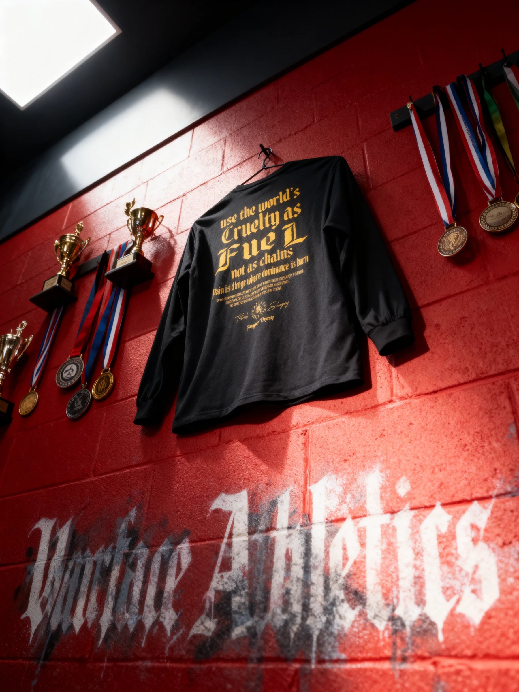 Cruelty as Fuel Workout Shirt Lifestyle — Men's Long Sleeve Graphic Tee with Stoic Quote by Warface Athletics