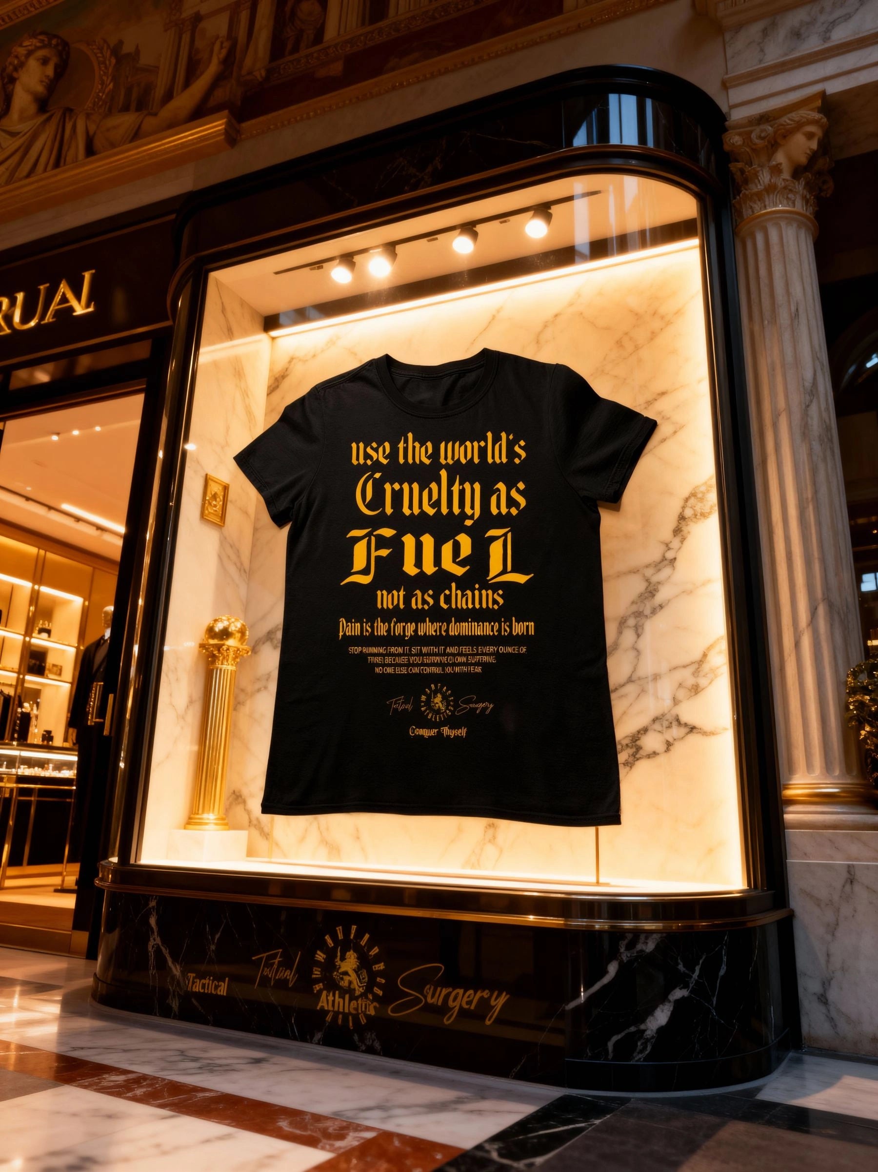 Cruelty as Fuel Tee Billboard Display — Men's Stoic Quote Gym Shirt Outdoor Ad by Warface Athletics