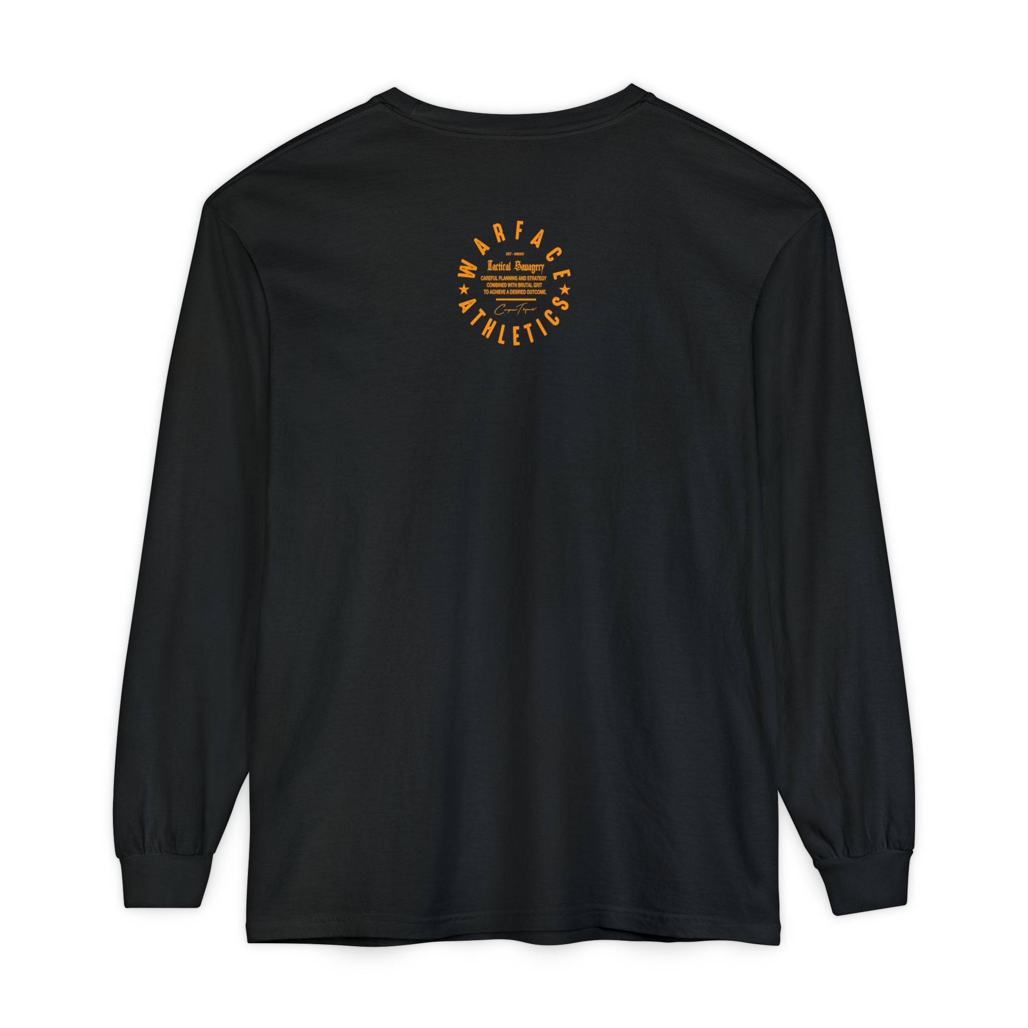 Black long-sleeve Warface Athletics gym shirt with a tactical savagery  logo on the back against a white background