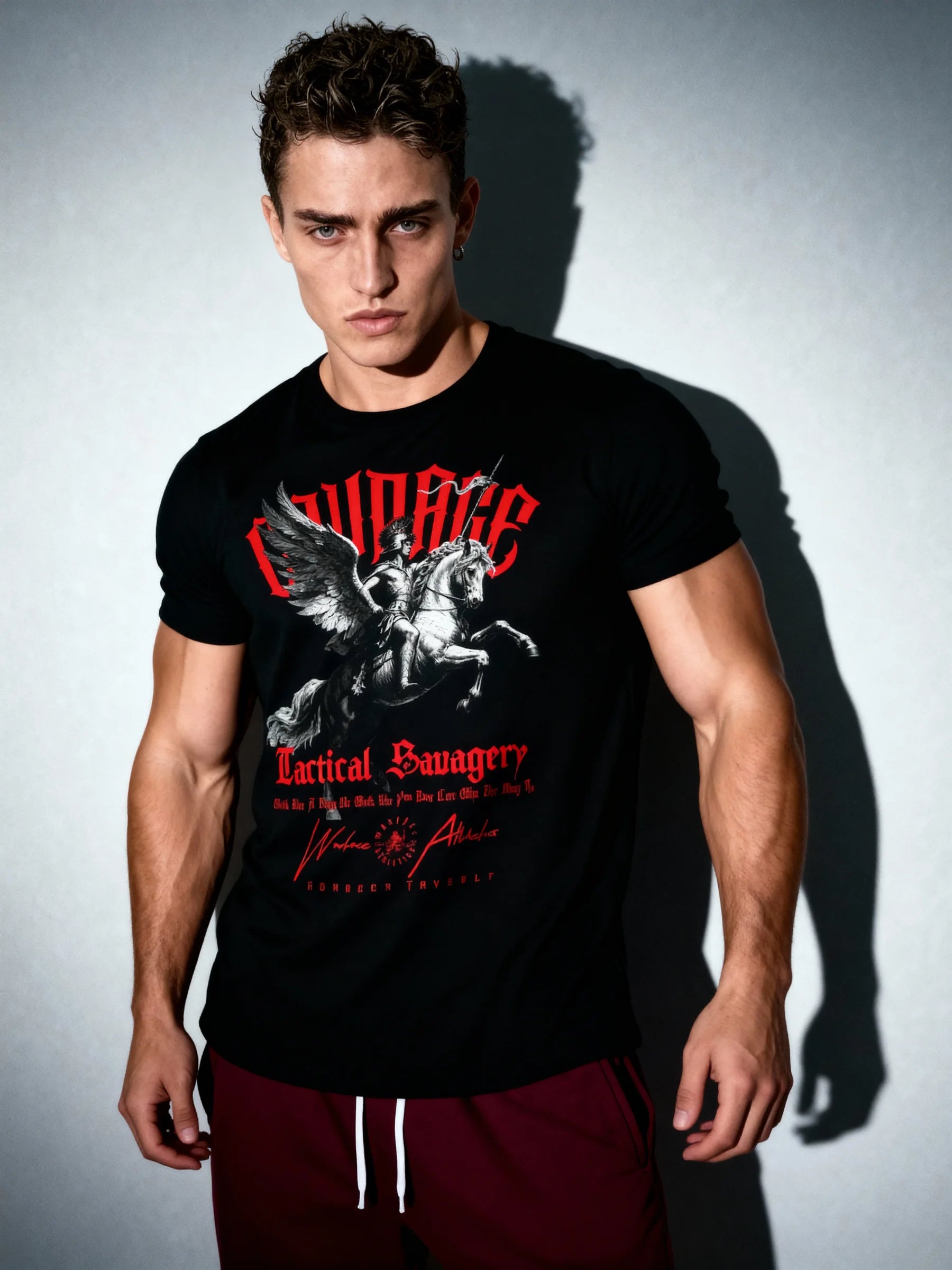 Bellerophon Pegasus Heavyweight Tee front View — Men's Warrior Mindset Shirt with Greek Hero Print by Warface Athletics