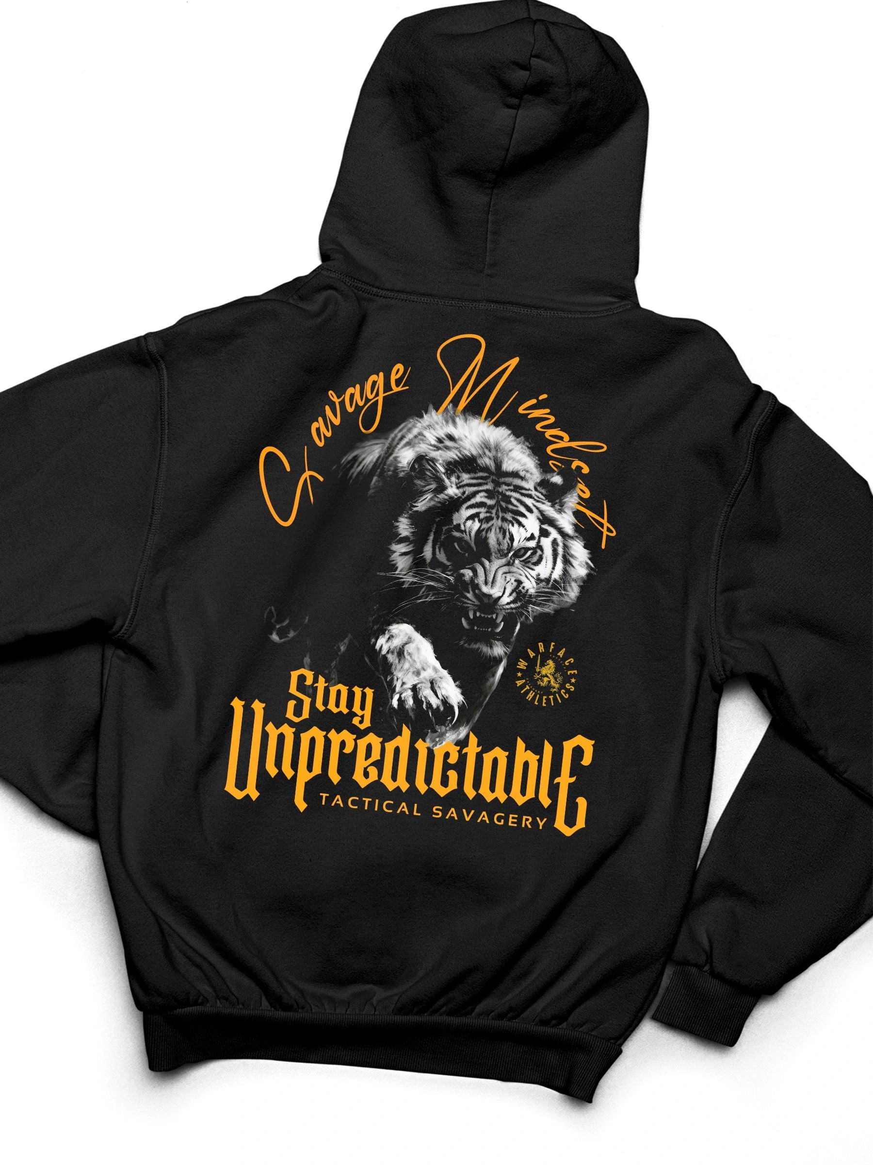 Stay Unpredictable tiger gym hoodie flat lay – men's black Savage Mindset graphic hoodie, Gildan 18500. Warface Athletics.