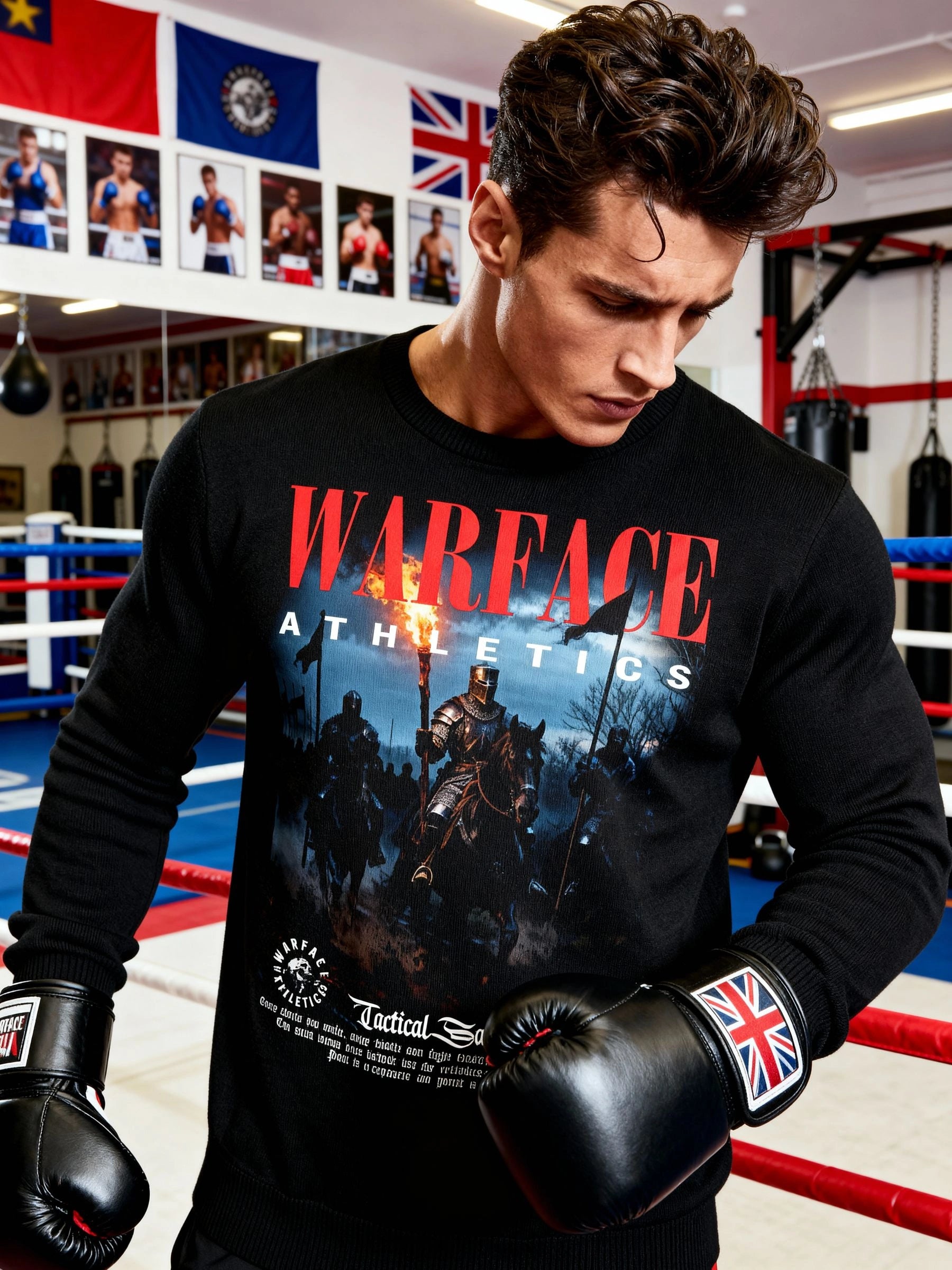 Medieval knight long sleeve gym shirt – boxer wearing Pain Is Temporary Honor Is Eternal tee in boxing ring. Warface Athletics.