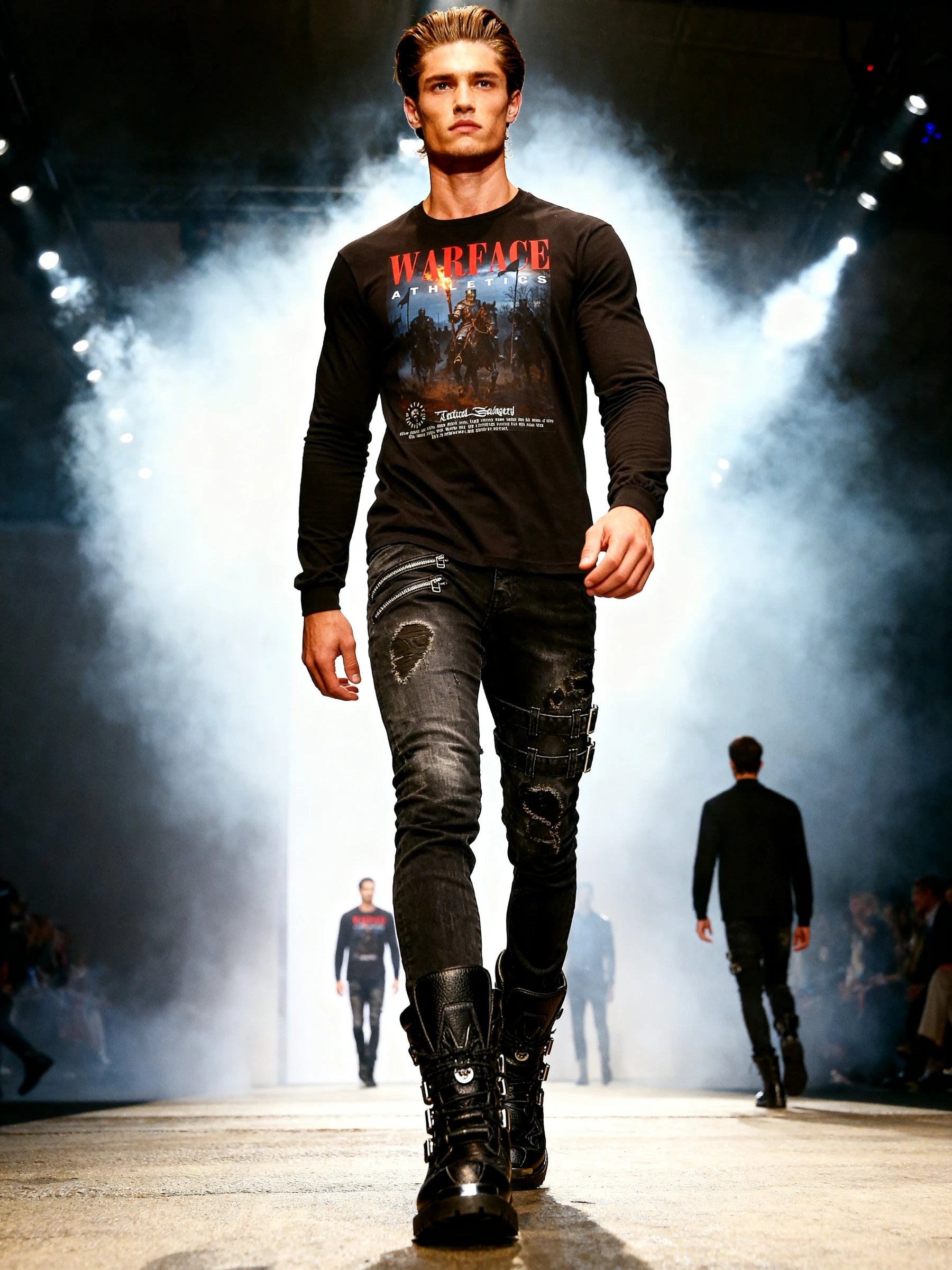 Men's medieval knight long sleeve gym shirt – streetwear model on smoky runway in British knight graphic tee. Warface Athletics.