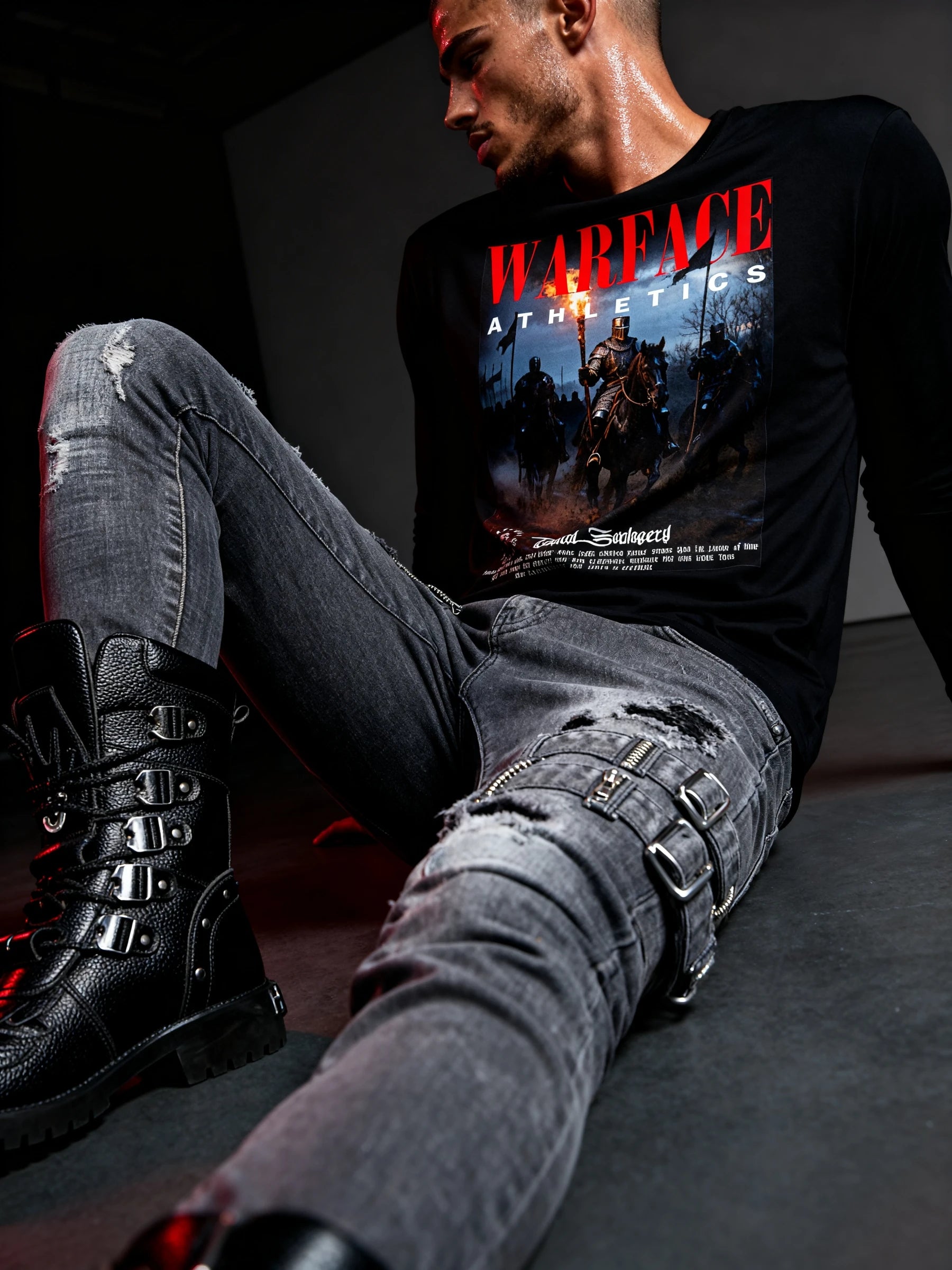 Men's medieval knight long sleeve gym shirt – model in British knight graphic tee, dark surface lifestyle shot. Warface Athletics.