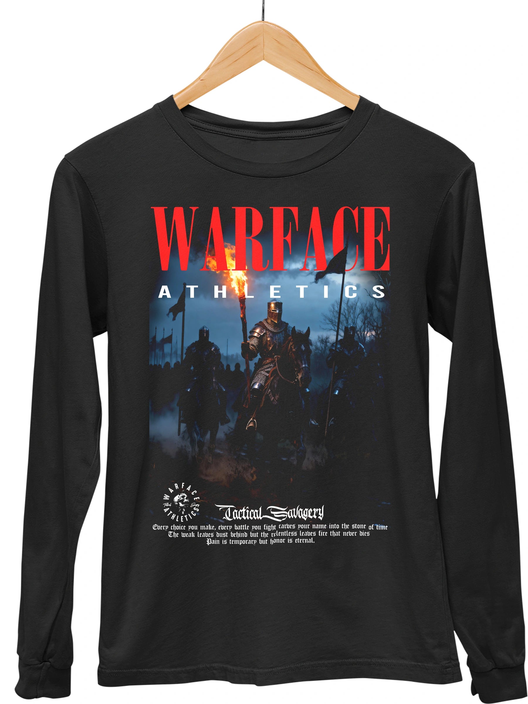 Medieval knight long sleeve gym shirt front flat lay on hanger – men's black Warface Athletics graphic tee. 